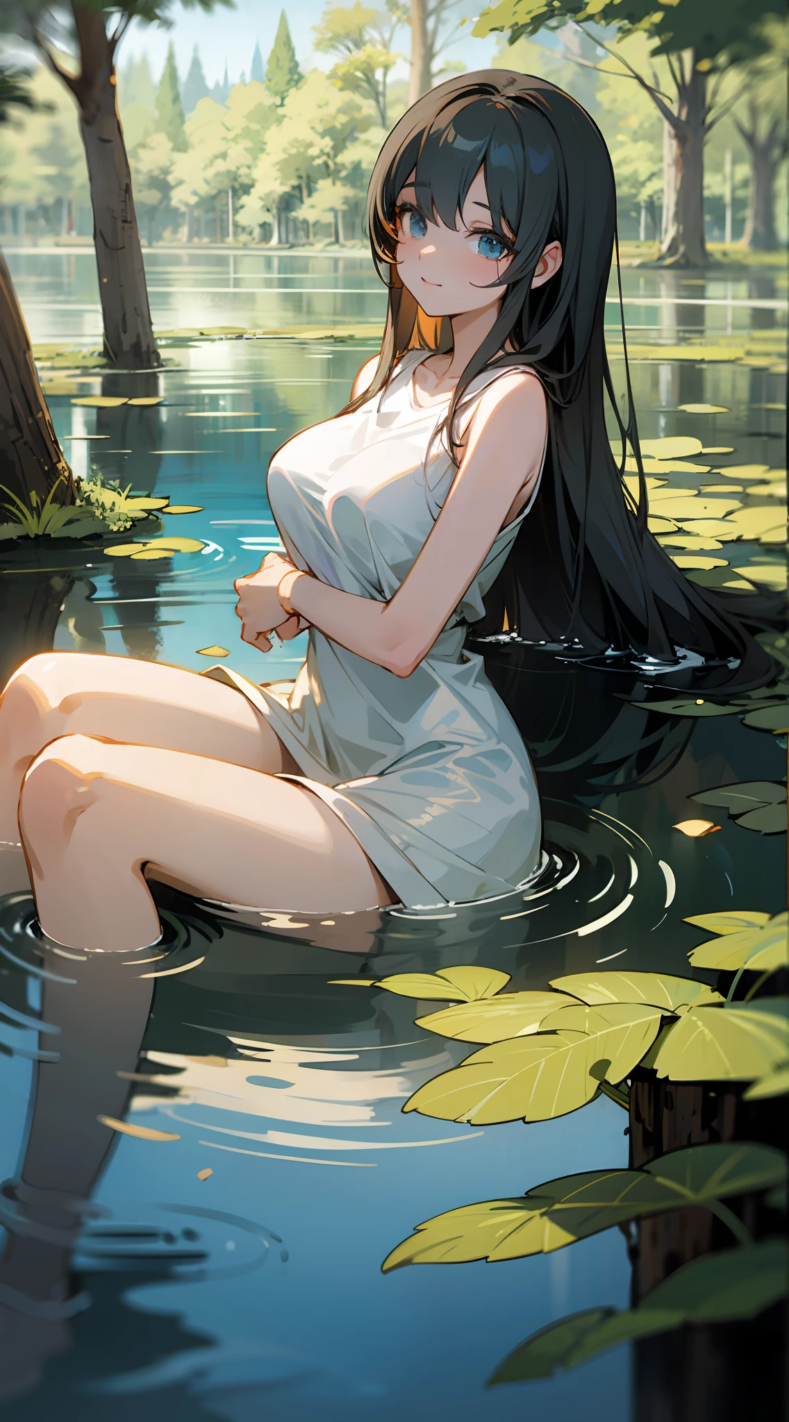 Bathe in a lake in the forest、In the bright forest、Black Long Hair、Large breasts、a beautiful female、lightly clothed、Shining sunshine、