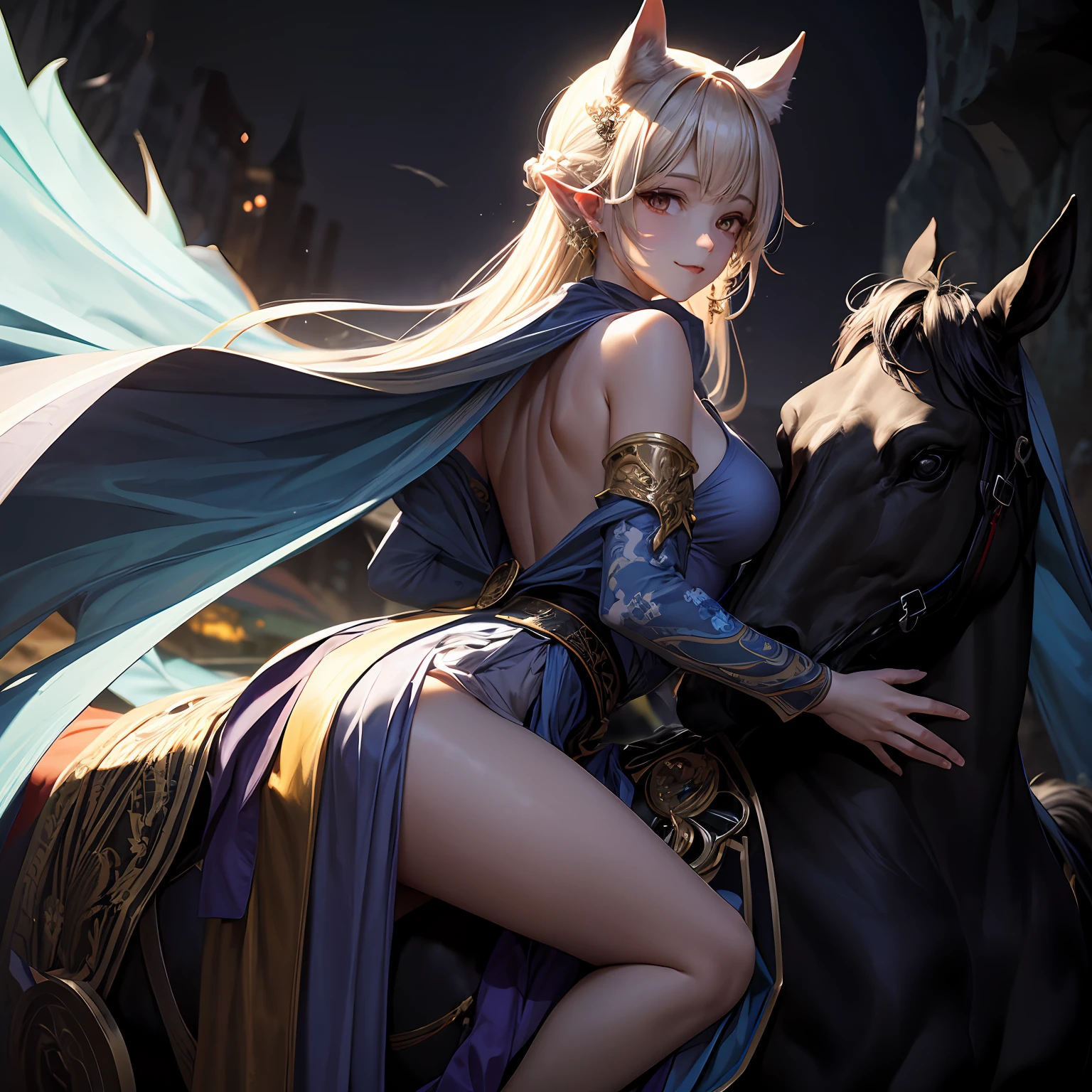 (Maste Piece), Ultra-detailed, CG unity high image quality, Very beautiful and elaborate scenes。Free Games Elona Games、Smiling blonde with long hair、A god in Ehecatl,Tall cat-eared woman in white toga crawls like a horse、Man in robe riding astride on back。The feeling of being deep in a dark gray cave。Vivid and realistic light and shadow are expressed.、Expressing them in its beautiful nature。