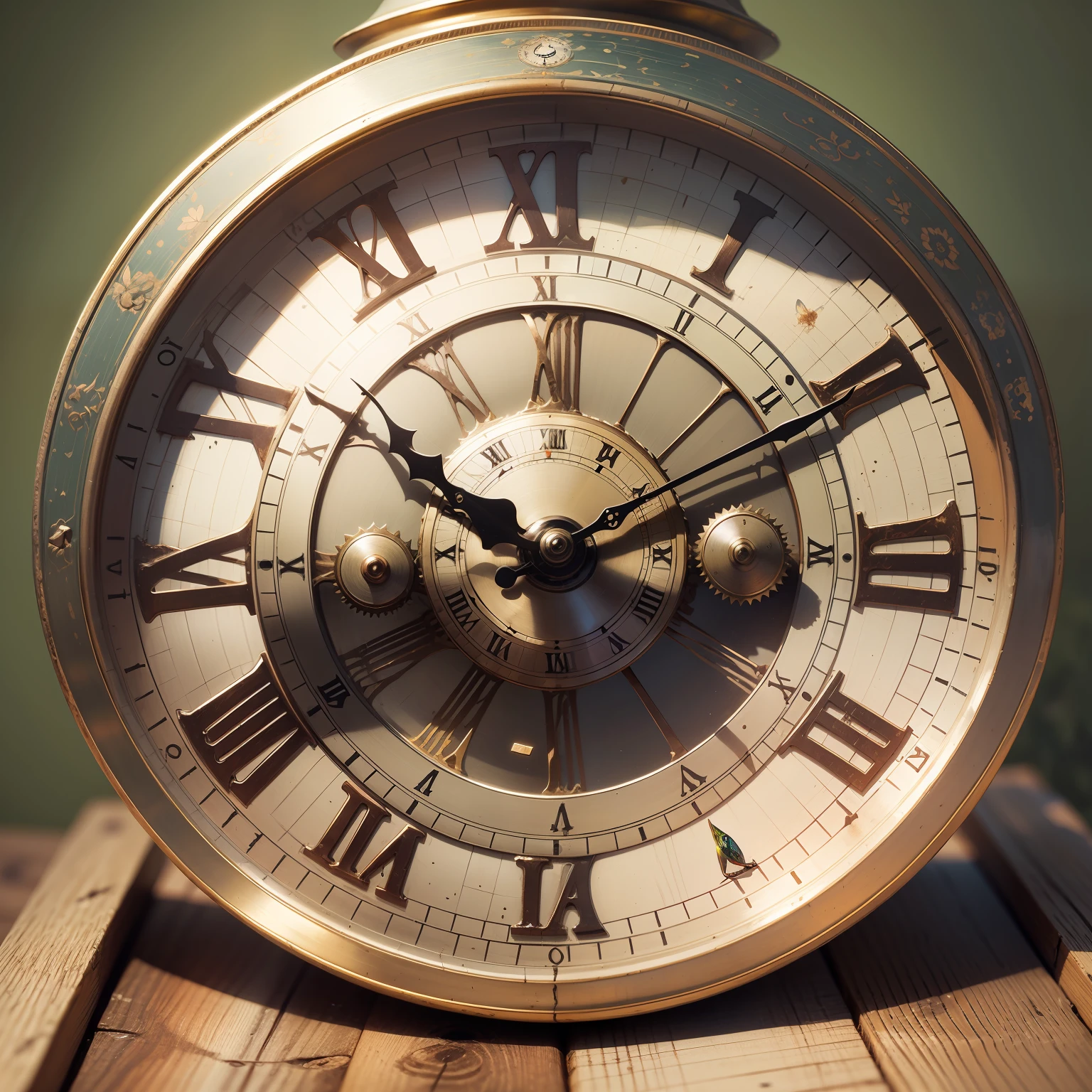 Metallic butterfly with bronze and copper wings, sitting on a broken clock --auto