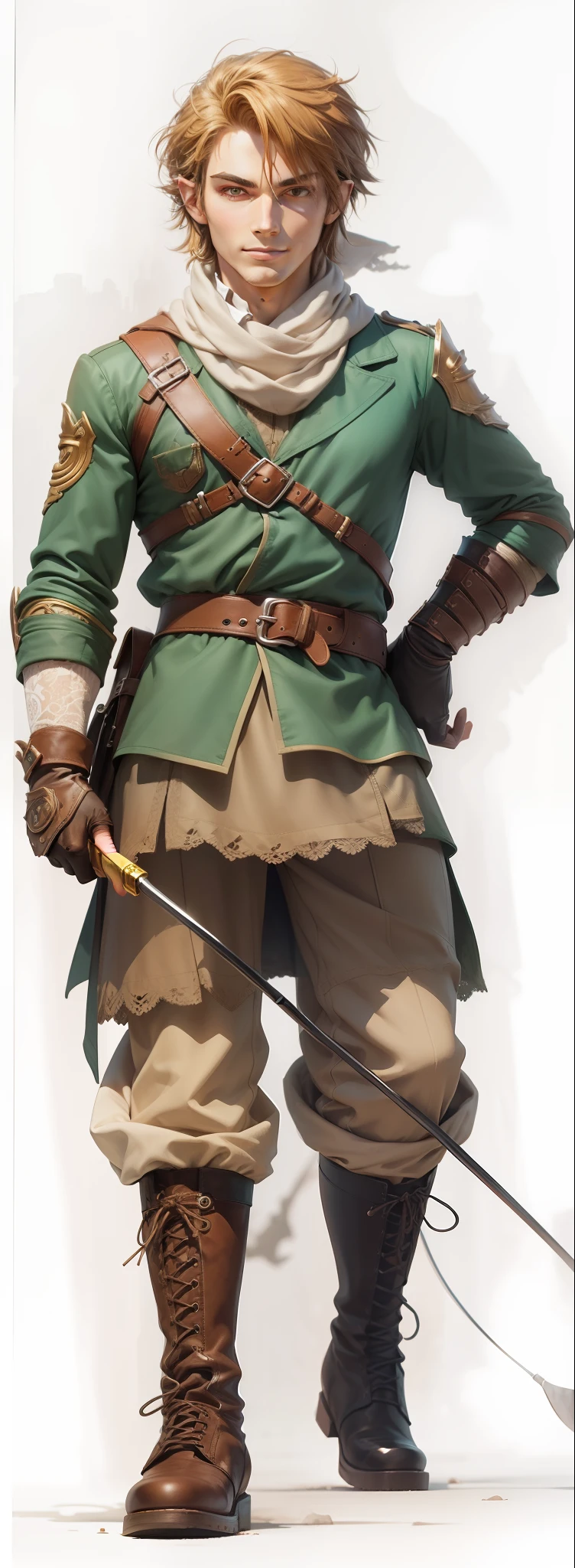 Anime, stylized, Link, man, warrior, (brown lace-up boots), holding riding crop, gloves, smirk, scarf