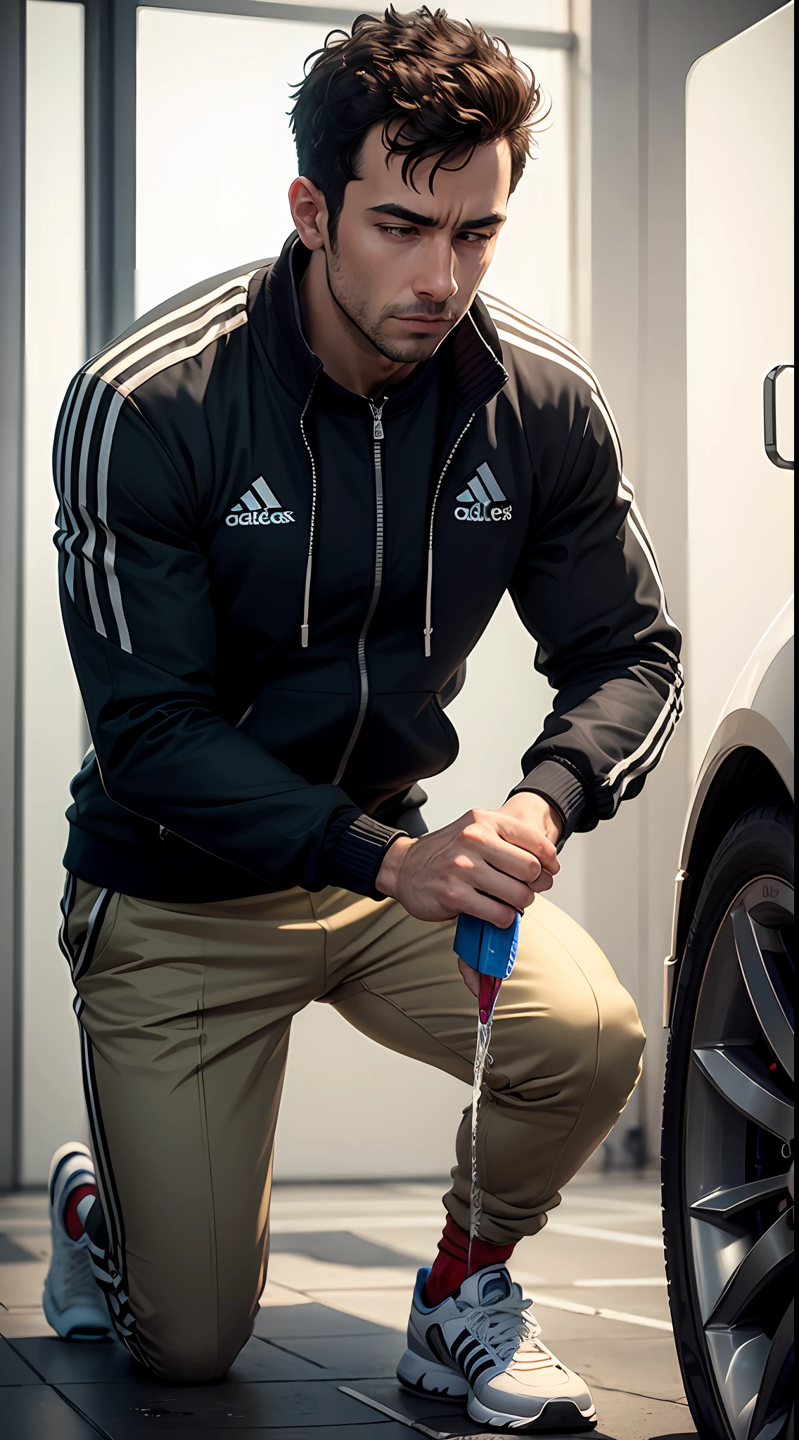 arafed man in a black jacket and khaki pants is washing a car, advanced technique, Detailing, motivational, author:Jacob Galmain, Advanced technology, advertisement photo, Ultra-detailded, Ultra-detailded, powerful detail, author:Thomas Hefner, professional master piece, chappie in an adidas track suit, powerful scene, Shot on Sony A 7 III --auto