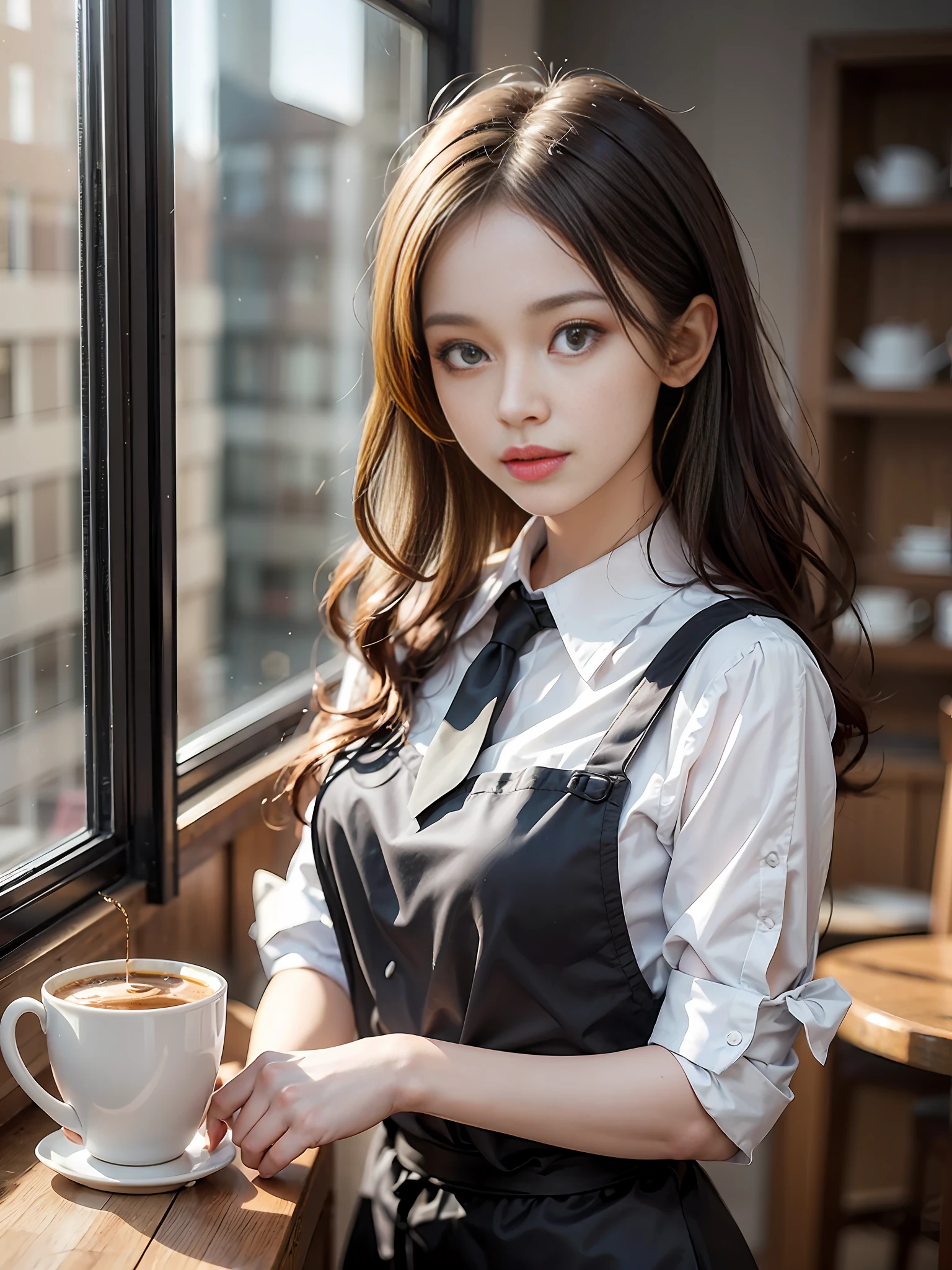 Mature café clerk woman 1, (Masterpiece: 1.3), (8k, Photorealistic, RAW photo, Best Quality: 1.4), (1girl), Shallow depth of field, Face in focus, Soft focus, Beautiful face, (Backlit: 1.5), (Ambient: 1.3), (Realistic face), (Black hair, medium short: 1.3), Loose wavy hair, Short bangs, realistic eyes, dark brown pupils, highlights in pupils, beautiful detail eyes, (plenty of natural light), (realistic skin), beautiful skin, (blouse with white collar), (tie), café apron, (flared skirt), (pumps), watch, small handbag, absurd, attractive, ultra high resolution, ultra realistic, high definition, golden ratio, detailed dining café background, The light from the back window is backlighted, the pale skylight of natural light, the natural light lighting from the diagonal front of the face, facing the front and smiling a little and looking embarrassed