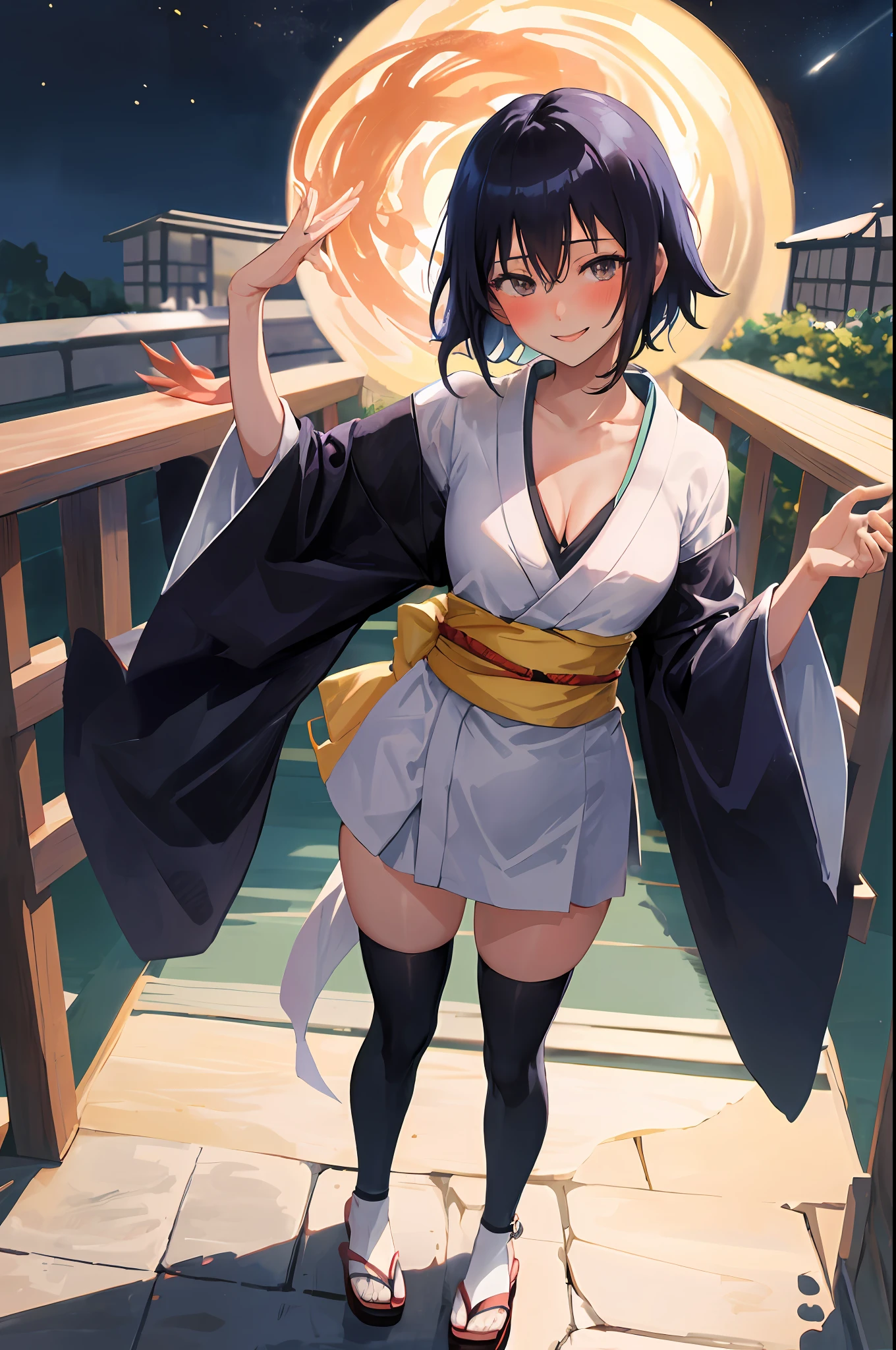 Soifon, bleach anime, 1girl, solo, cute kimono, wooden sandals, black thighhighs, medium breast, cleavage, japan akihabara, night view, hair between eyes, soifon hair, looking at viewer, black hair, solo, thighhighs, thighs, ((masterpiece)), standing, sexy pose, blush, shy, smile,