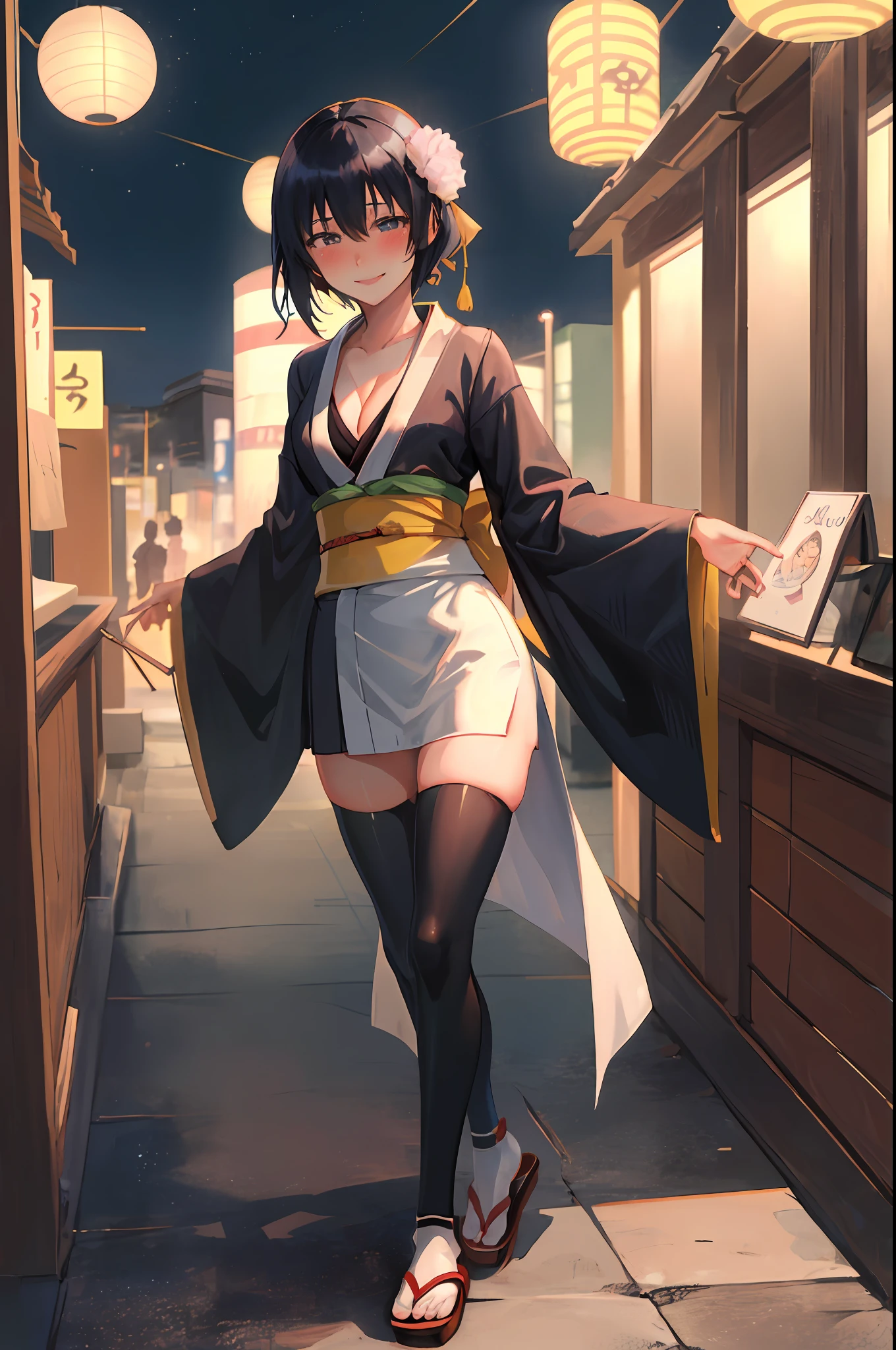 Soifon, bleach anime, 1girl, solo, cute kimono, wooden sandals, black thighhighs, medium breast, cleavage, japan akihabara, night view, hair between eyes, soifon hair, looking at viewer, black hair, solo, thighhighs, thighs, ((masterpiece)), standing, sexy pose, blush, shy, smile,