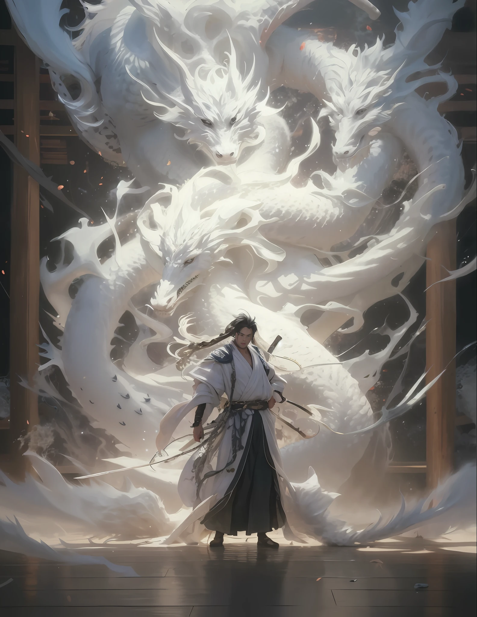 a man in a white robe standing in front of a giant white dragon, flowing white robes, by Yang J, Detailed bushido form smoke, ross tran and bayard wu, Anime epic artwork, Inspired by Feng Zhu, ross tran and wlop, Epic fantasy digital art style, Epic fantasy art style, man with the soul of a dragon