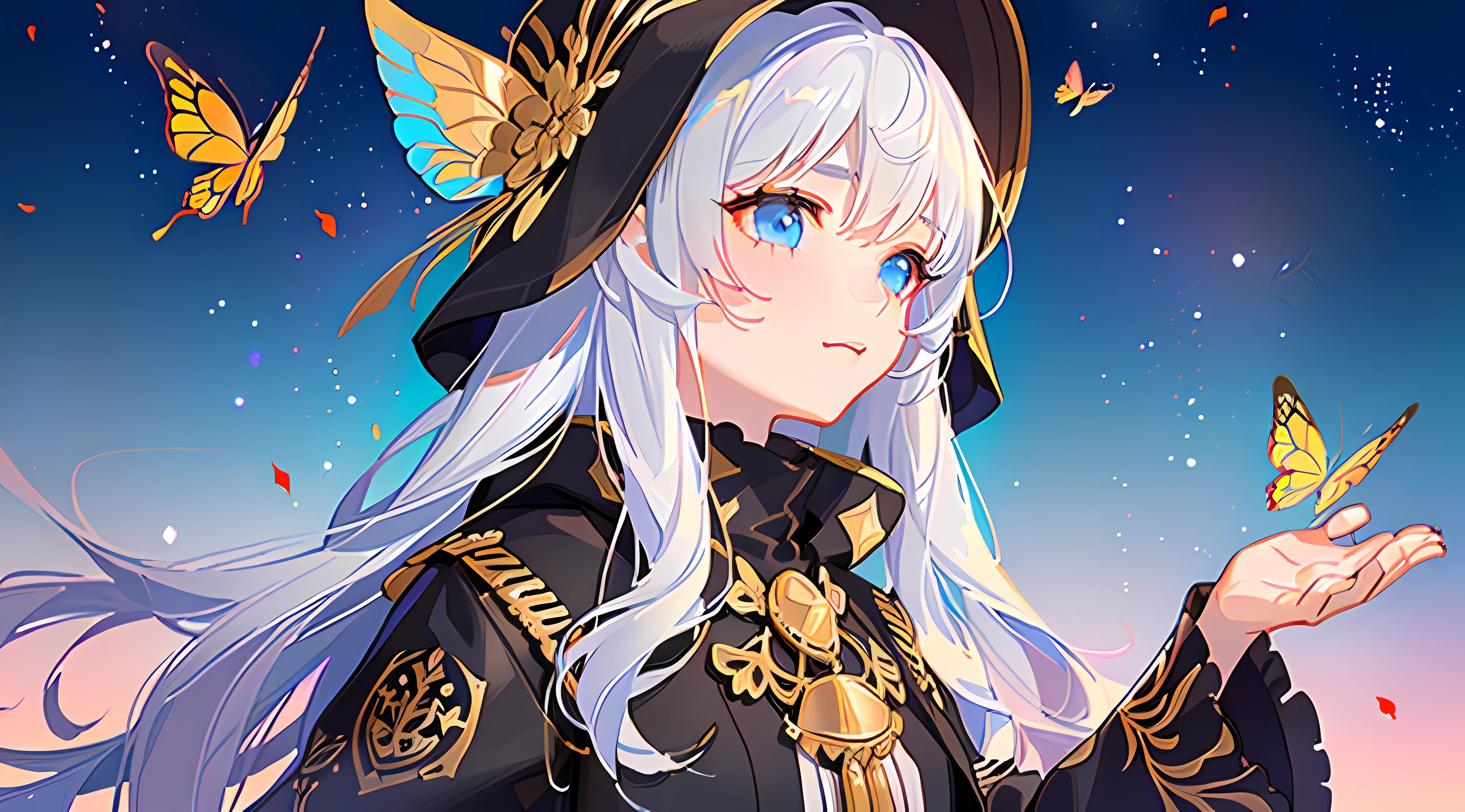 agirl,(Gold-patterned hood,There are colorful flowers on the cap,Messy and flowing hair,length hair,whitehair,Blue eyes,glass pupil,Cherry small mouth,Distant View),prette,Cutes, (Black trench coat,Wide sleeves,Prayer gestures:1.2), (At night sky,Light is emitted from the bottom,flowers fields,glowing butterflies:1.3), Close up of,Haut du corps,(the best quality,ultra fine,nmasterpiece:1.3),Original,extremelydetailedwallpaper,(perfect litthing),(extremely details CG:1.2),brushwork,paint brushes,animel,comic strip,