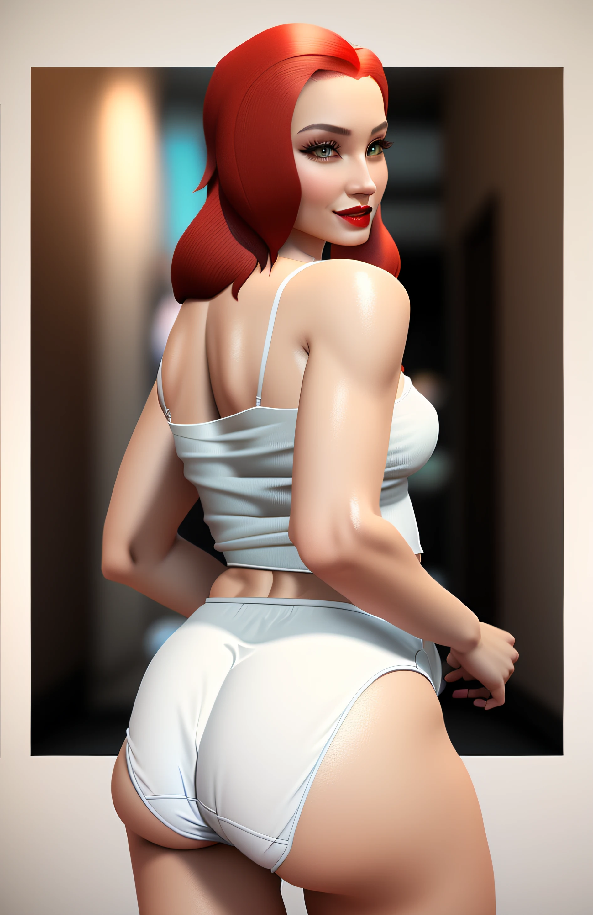 Red haired Latina, in white camisole, and big white cotton panties, big butt, back shot, wearing lipstick, smirking, realistic 3D game model, intricate details