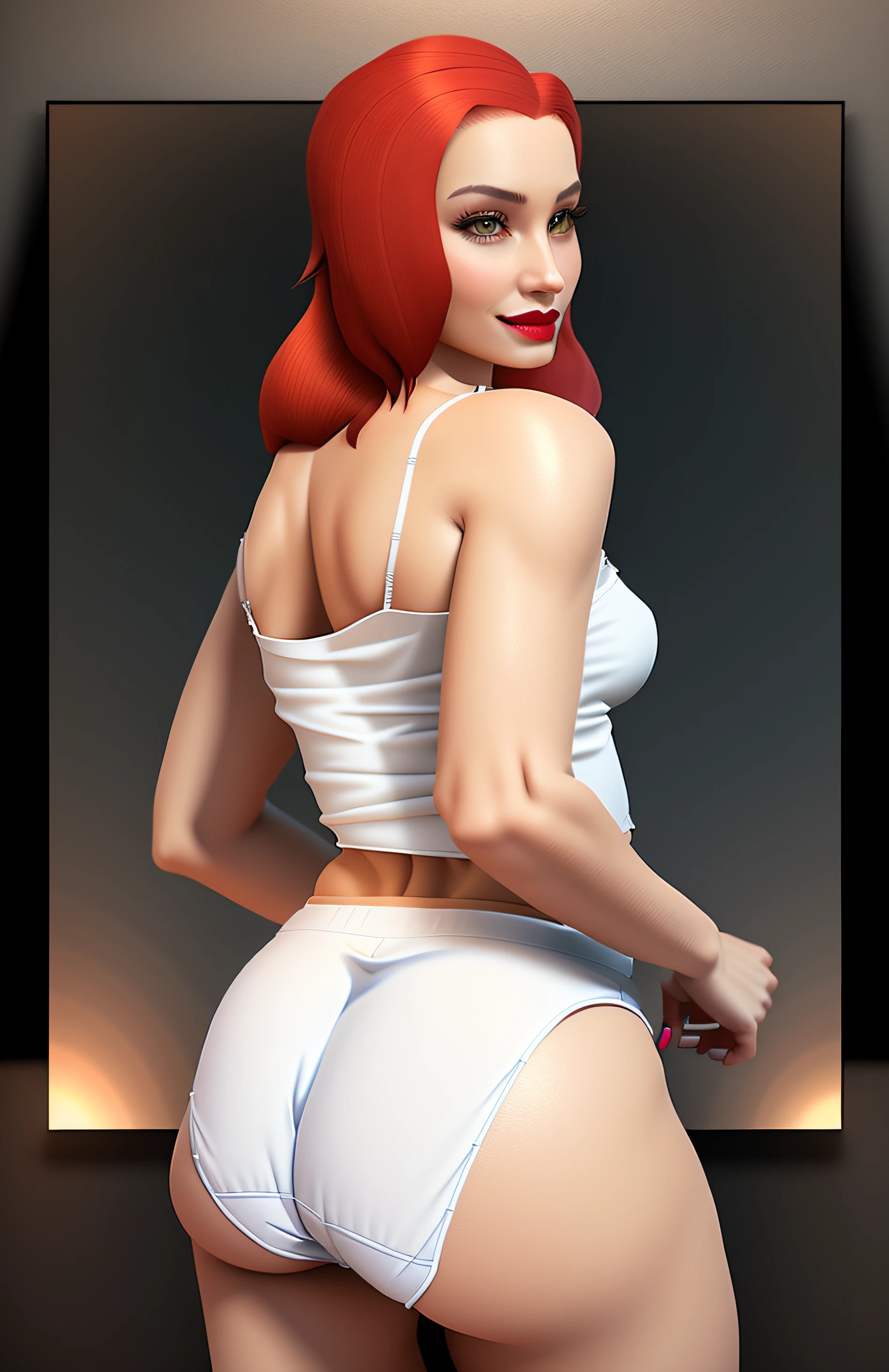Red haired Latina, in white camisole, and big white cotton panties, big butt, back shot, wearing lipstick, smirking, realistic 3D game model, intricate details