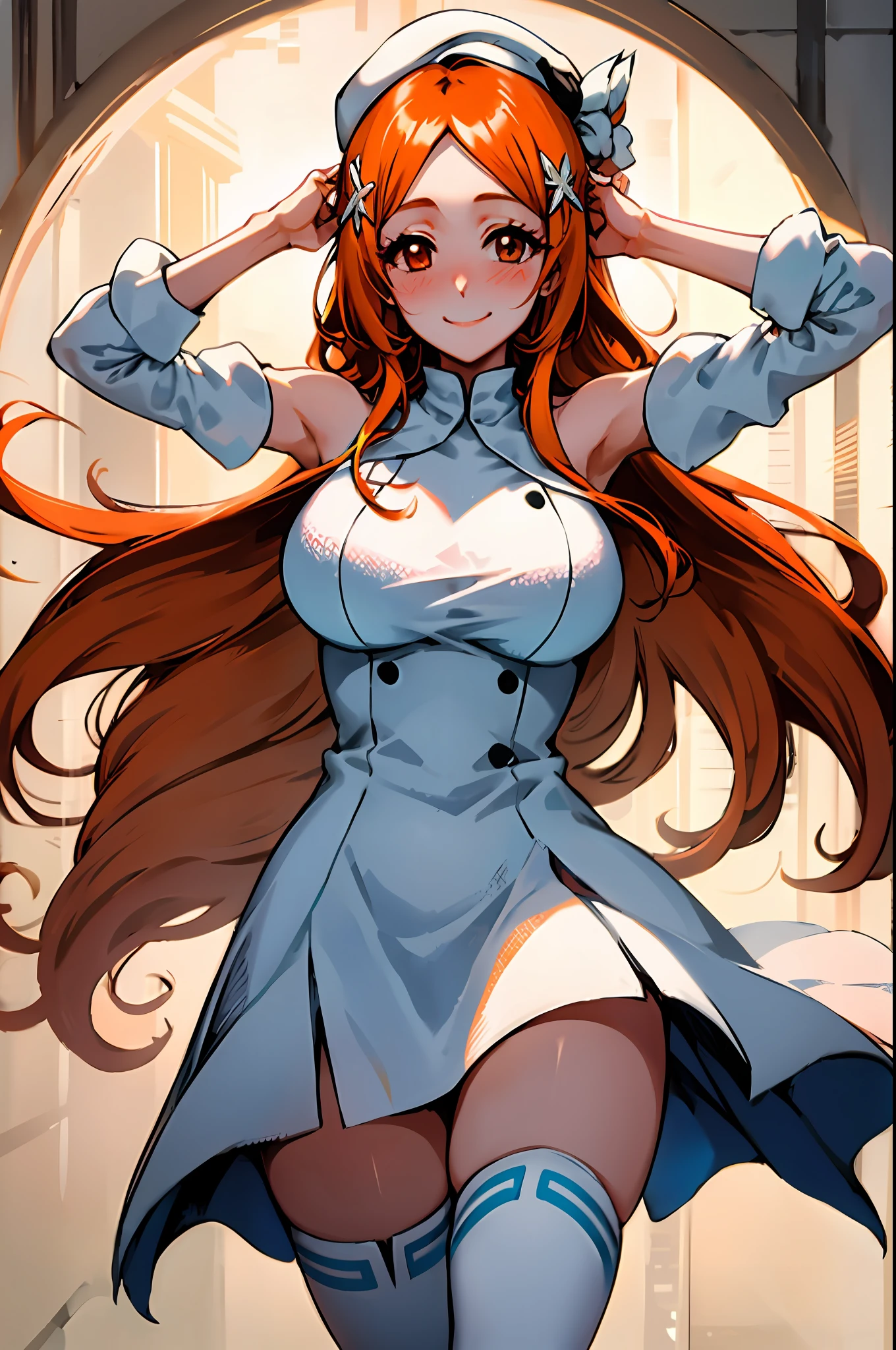 Orihime inoue, bleach, 1girl, solo, white dress,arrancar dress,  hat, hair between eyes, long hair, hair ornament, looking at viewer, messy hair,  orange hair, solo, thighhighs, thighs, long hair, ((masterpiece)), standing, sexy pose, blush, shy, smile, closes mouth,