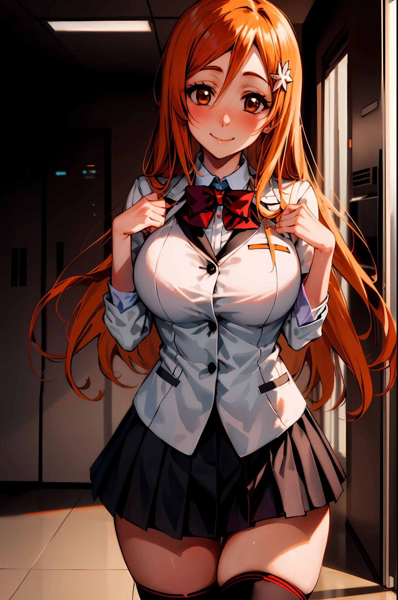 Orihime inoue, bleach, 1girl, solo, school dress,skirt, Halloween Grey,hair between eyes, long hair, hair ornament, looking at viewer, messy hair,  orange hair, solo, thighhighs, thighs, long hair, ((masterpiece)), standing, sexy pose, blush, shy, smile, closes mouth,