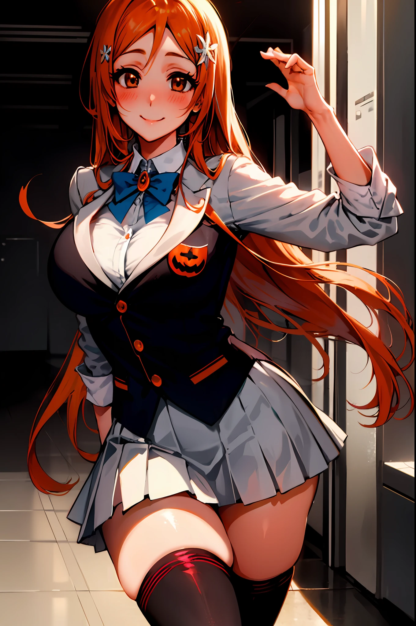 Orihime inoue, bleach, 1girl, solo, school dress,skirt, Halloween Grey,hair between eyes, long hair, hair ornament, looking at viewer, messy hair,  orange hair, solo, thighhighs, thighs, long hair, ((masterpiece)), standing, sexy pose, blush, shy, smile, closes mouth,