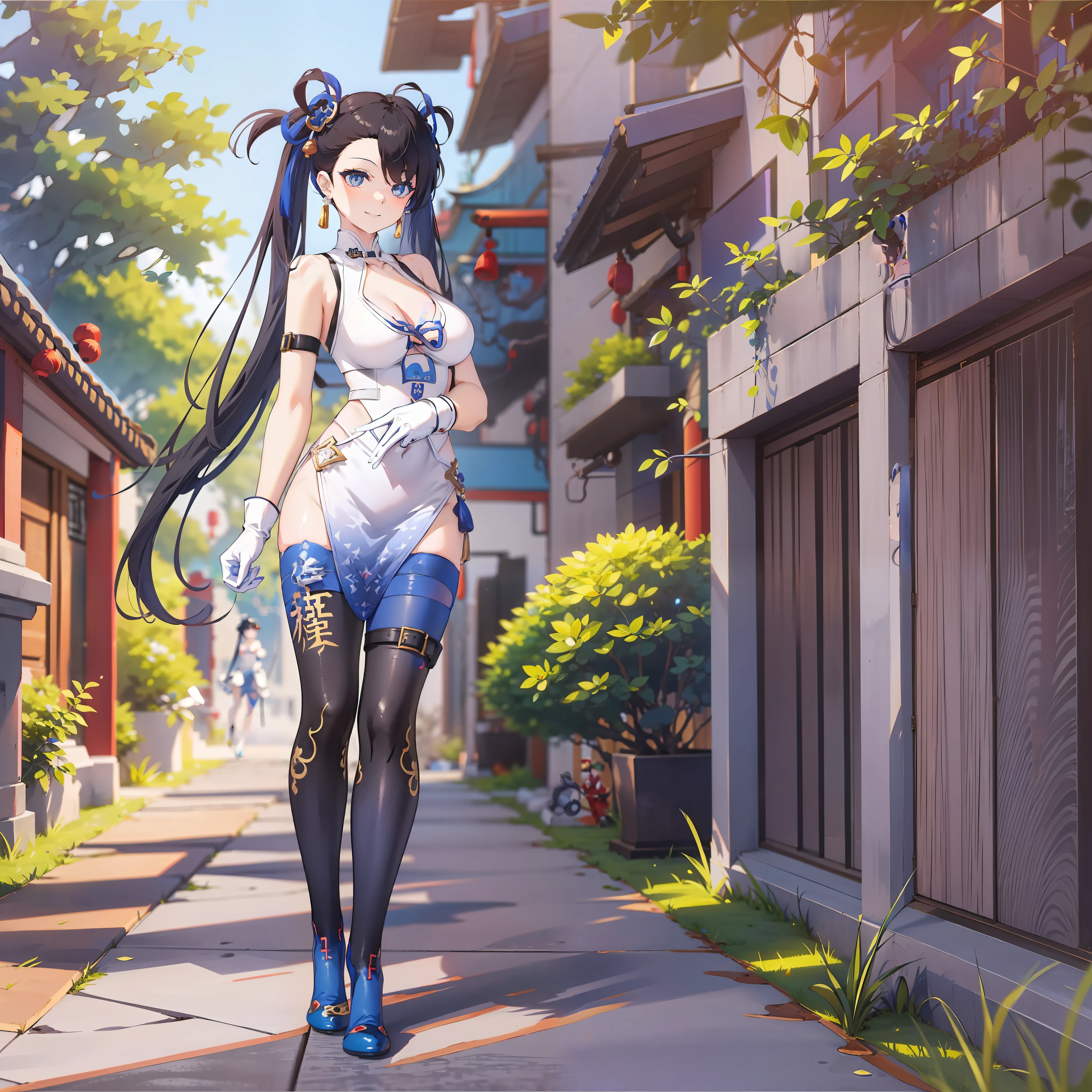 Anime Girl with long thin hair in 2 pigtails and blue ties, anime girl with black hair, off shoulder, Using a white blue short cheongsam, blue stocking, standing
Front of Chinese building With red leafed trees, blue eyes, masterpiece, UHD, Big eyes, blue high heels, White gloves, Chinese outfit, smile