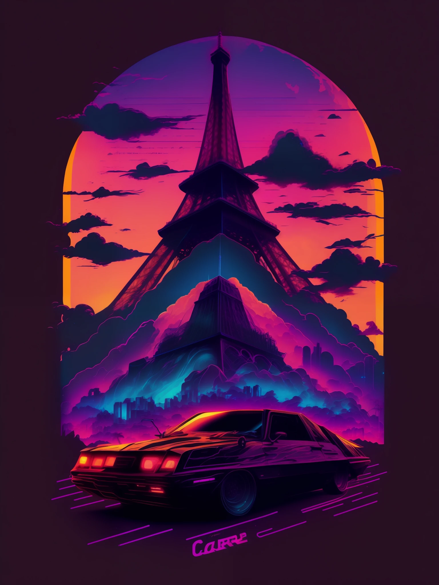 Hot Girl, carro e torre eiffel vetorizado, synthwave, roxo azul vermelho laranja, cores neon brilhantes em um fundo escuro,