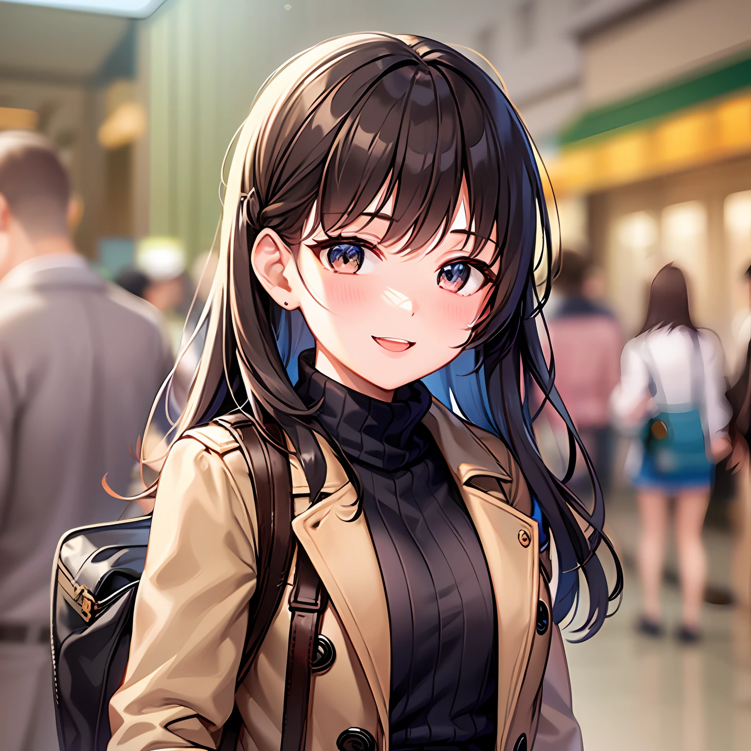 1girl in, Height 148cm、Bust 85cm、Waist 56cm、Hip 85cm、F-cup、23yo、very baby face、Brown-haired、semi long hair、Duffel coat、Burberry muffler、Denim skirt、shopping mall、Happy smile、Blur the background a lot