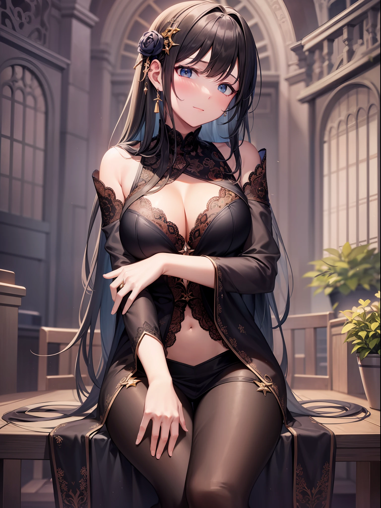 Maiden, black silk, sitting, high quality, high resolution, high definition, masterpiece, dynamic viewing angle