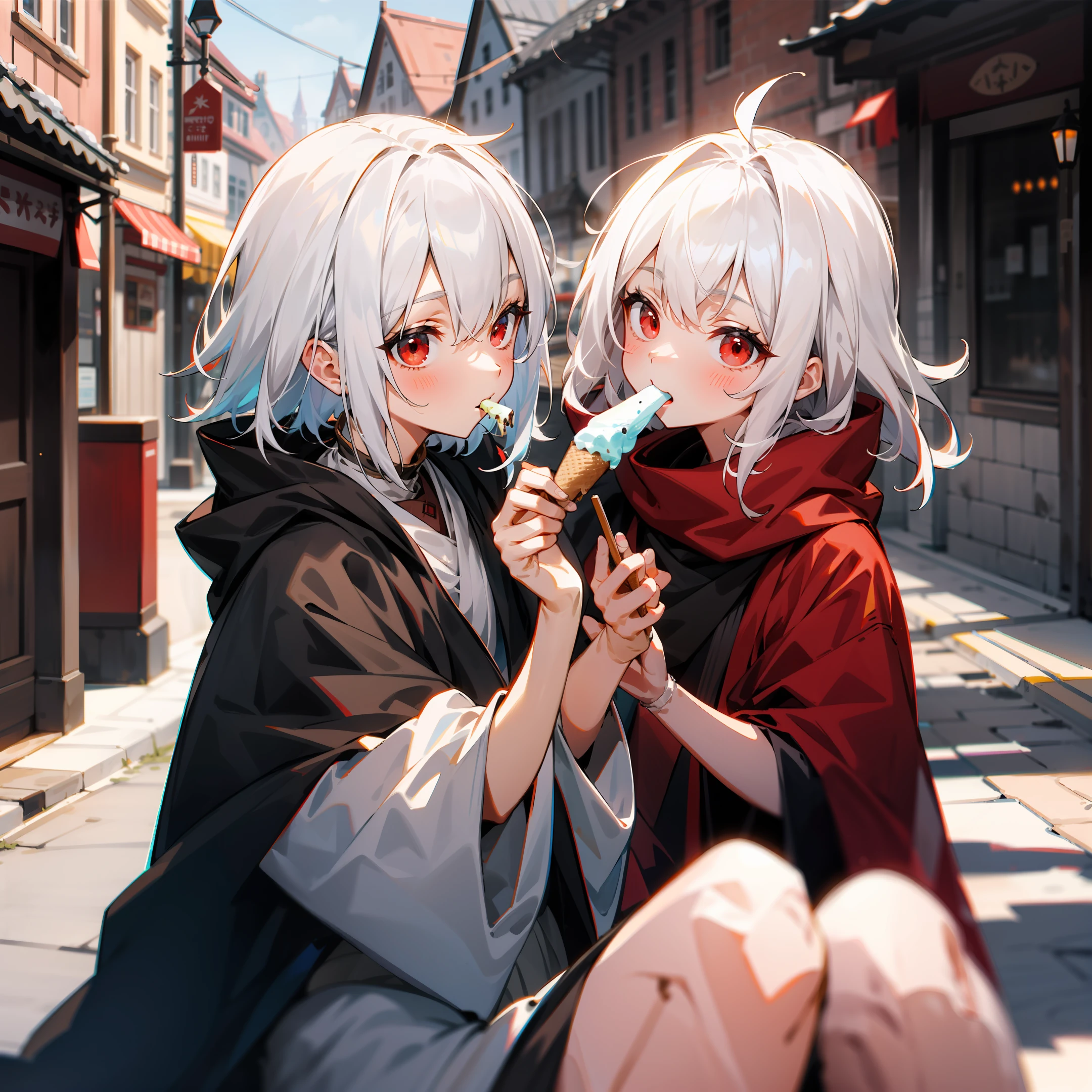young ager,whitehair,red - eyed,cloaks,Cutes,eating ice cream,Old town street,