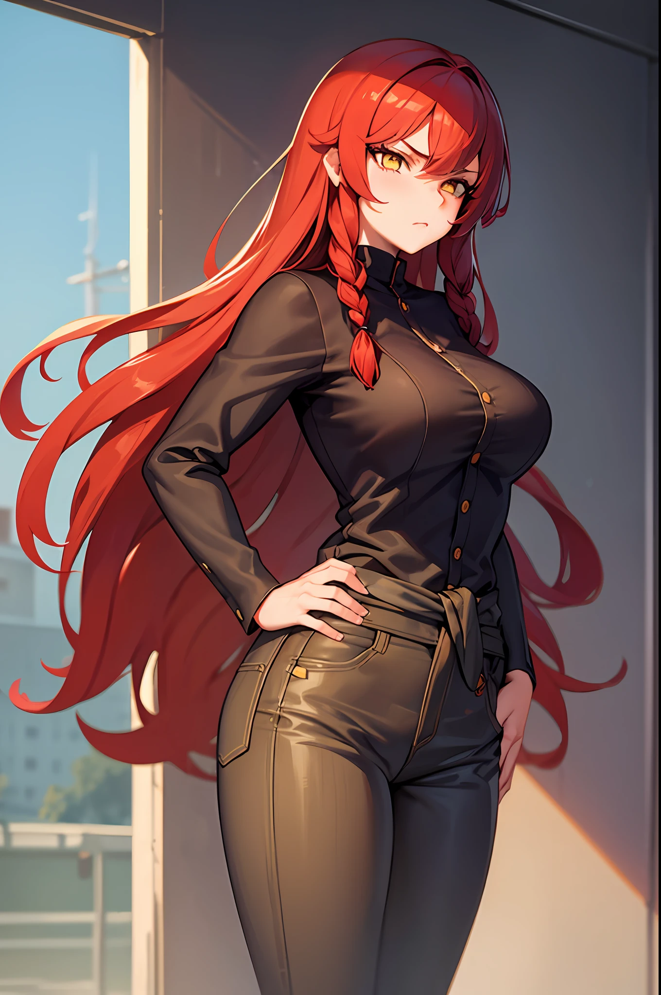 masterpiece, best quality, 1girl, long hair, big bust, very long red hair, jeans, brown pants, cowboy clothes, outer, sexy, sensual, nlanca and brown clothes, yellow eyes, serious, emotionless, adult woman, braids, seductress, hands on waist,