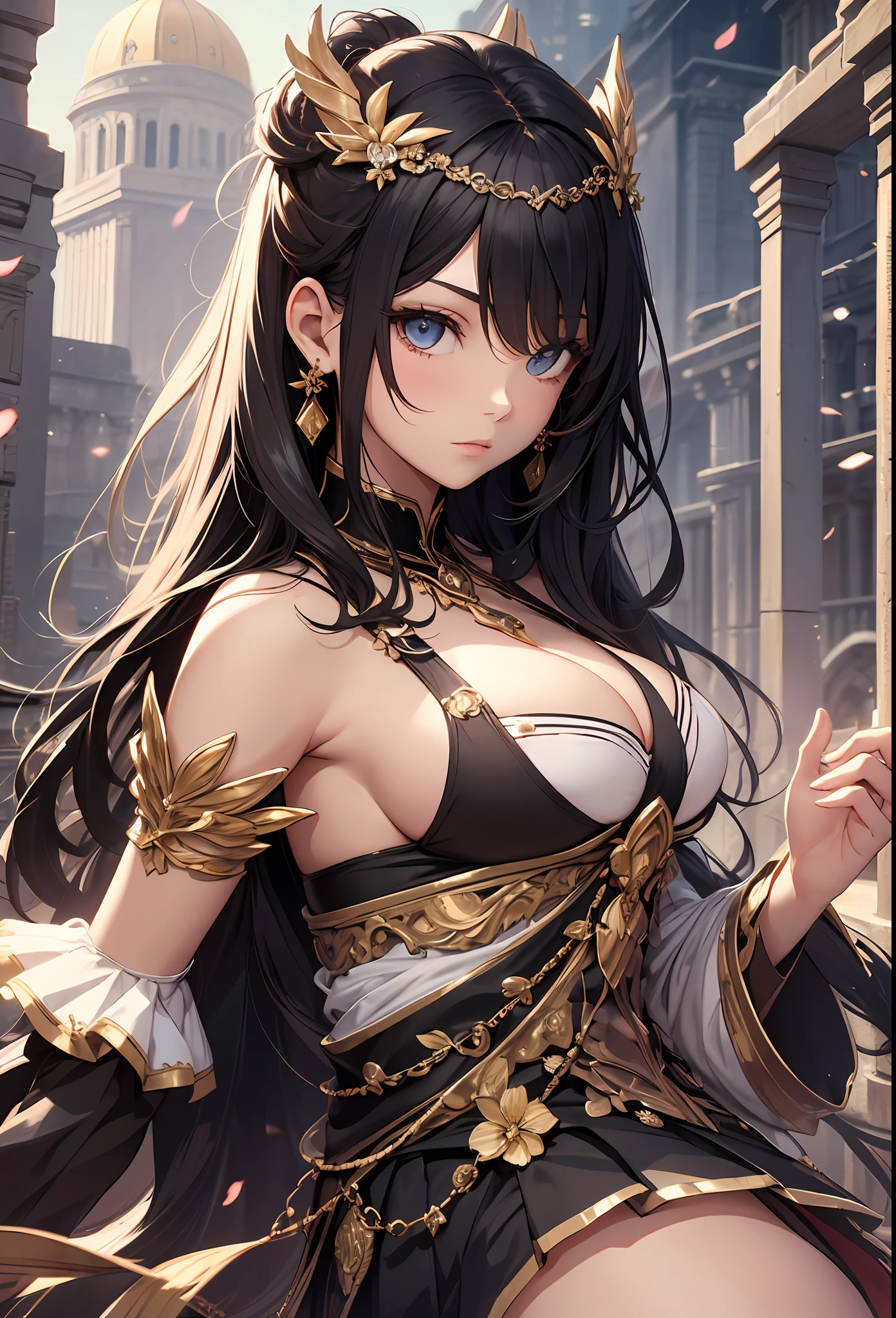 1girls,goddesses，Venus，Delicate and beautiful face,Medium long black hair，flowy，full breast，Convex buttocks，Roman skirt，perfectly proportioned, Detailed clothing details,Temple，arena，wonderland，Cinematic lighting, filmgrain, Fujicolor, light and darkcontrast, 8K, 巨作, Textured skin, Super detail, High detail, High quality, high resolucion,