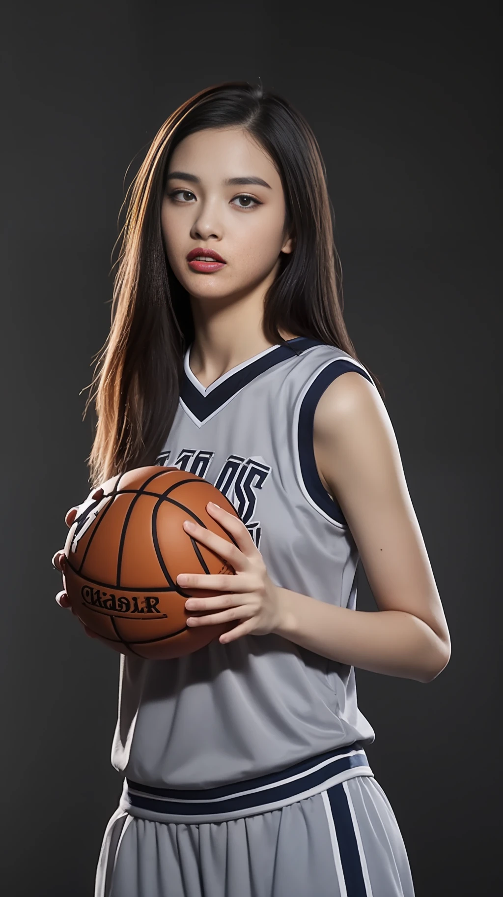 1girl,basketball,red_basketball_uniform, black_eyes, black_hair, clothes_writing_10, grey_background, holding_ball, jersey, lips, long_hair, realistic, solo,