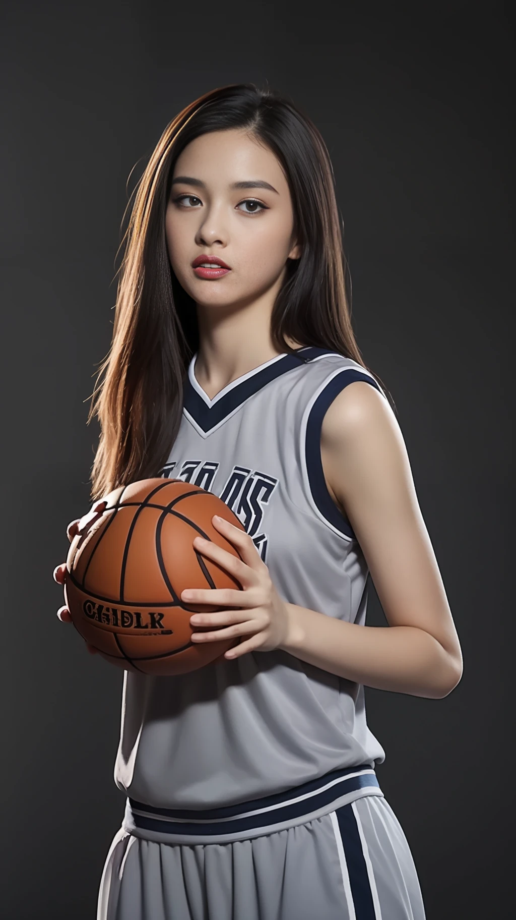 1girl,basketball,red_basketball_uniform, black_eyes, black_hair, clothes_writing_10, grey_background, holding_ball, jersey, lips, long_hair, realistic, solo,