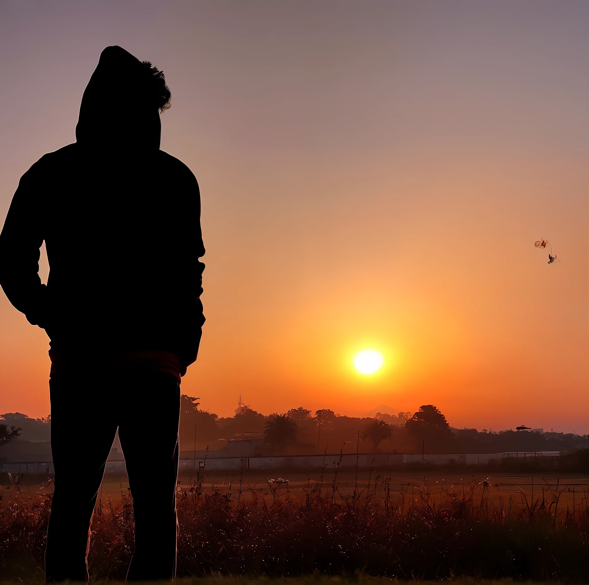 arafed man standing in a field with a kite in the sky, with sunset, during a sunset, at a beautiful sunset, during sunset, Durante a Hora Dourada, with a sunset, silhouette over sunset, looking at sunset, in the sunset, looking out at a sunset, sunsettime, Silhueta, The sun is setting, durante a madrugada, in the sunset
