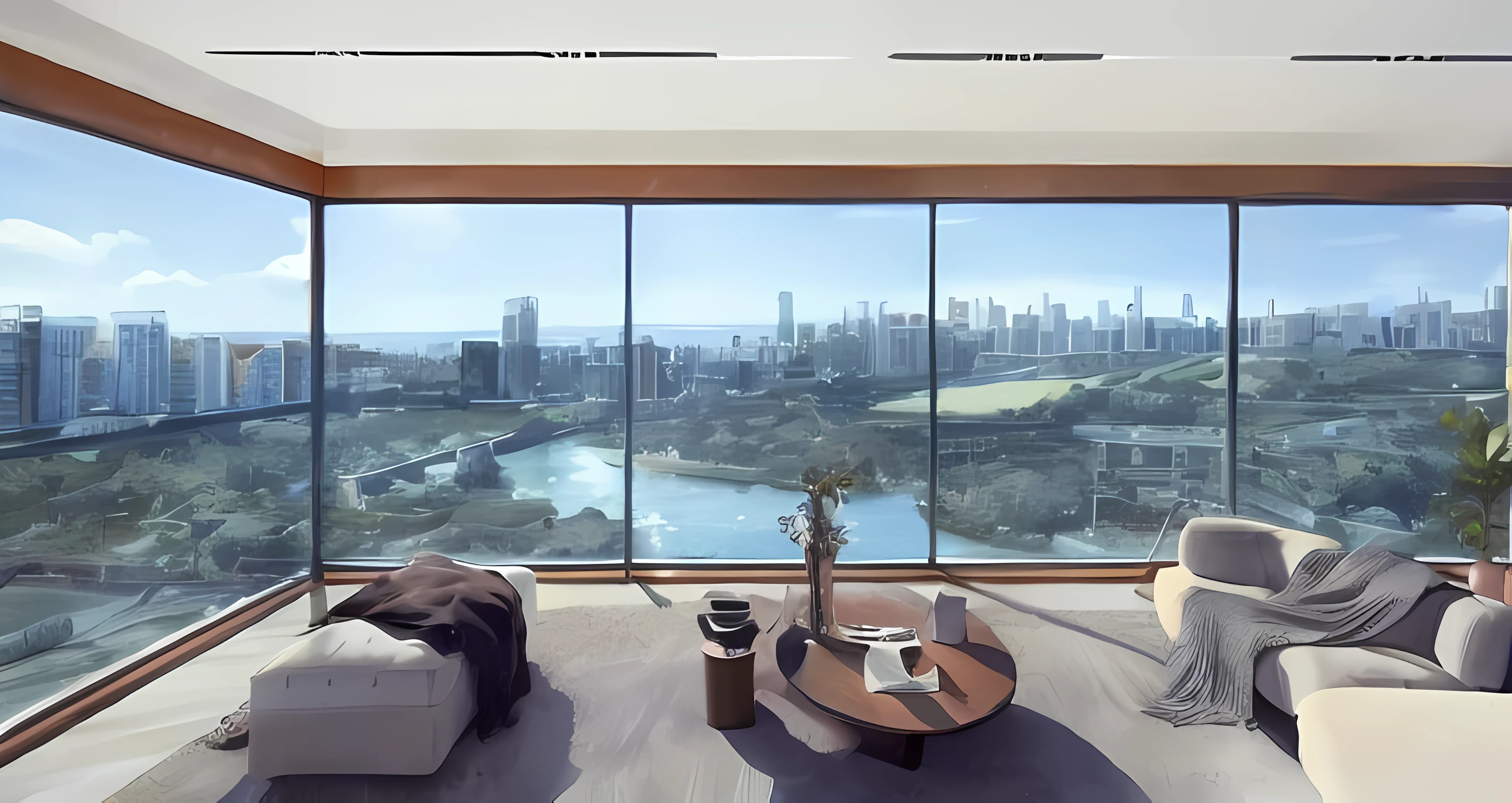 a view of a living room with a couch, chairs, coffee table and a large window, overlooking a modern city, floor - to - ceiling windows, zenith view, skyline showing from the windows, expansive cinematic view, City view, hyperreal rendering, interior architecture view, floor to ceiling window, archviz, expansive view, luxury condo interior, ceiling to floor windows，Ultra-detailded，very realistic