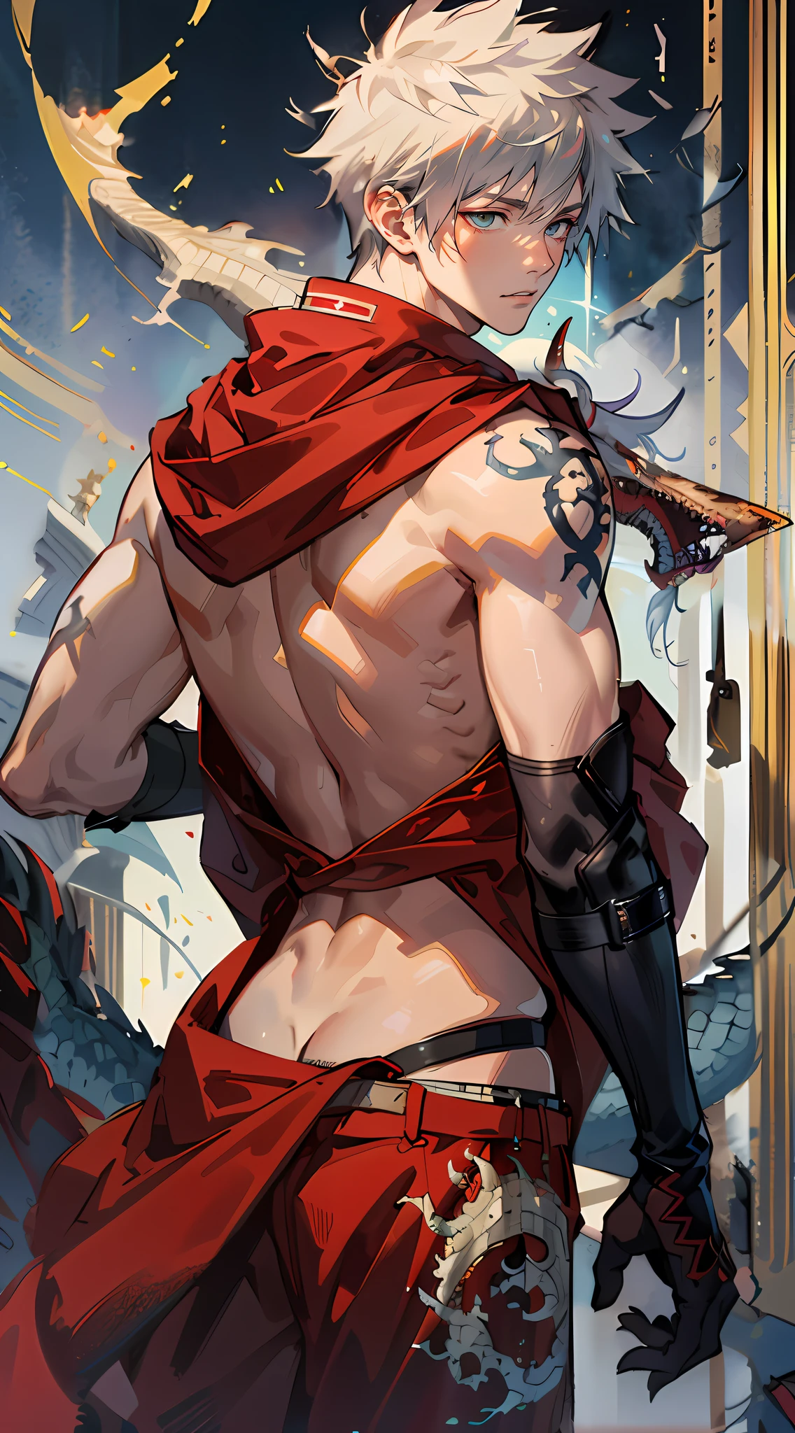 Master masterpiece、the best quality、8K、 male、katsuki bakugou、Red cloak with fur、Upper body naked、(Dragon tattoo on shoulder and back:1.2)