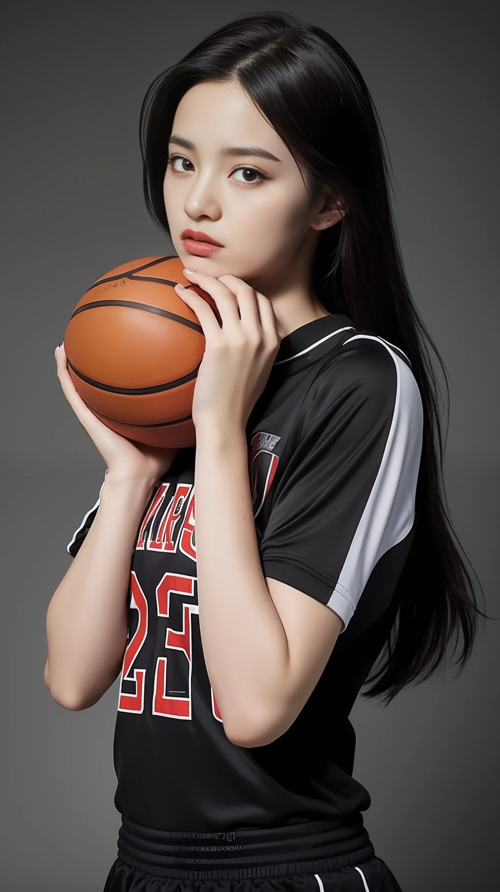 1girl,basketball,red_basketball_uniform, black_eyes, black_hair, clothes_writing_10, grey_background, holding_ball, jersey, lips, long_hair, realistic, solo,