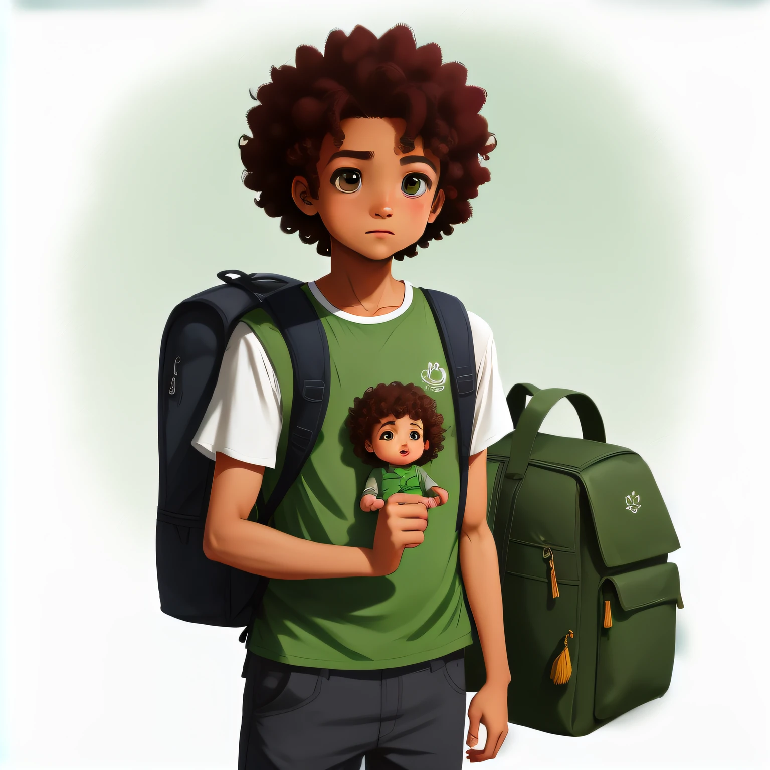 , masculino, ume, mulato, medium-sized brown curly hair, olhos castanhos claros, camisa verde, mochila preta