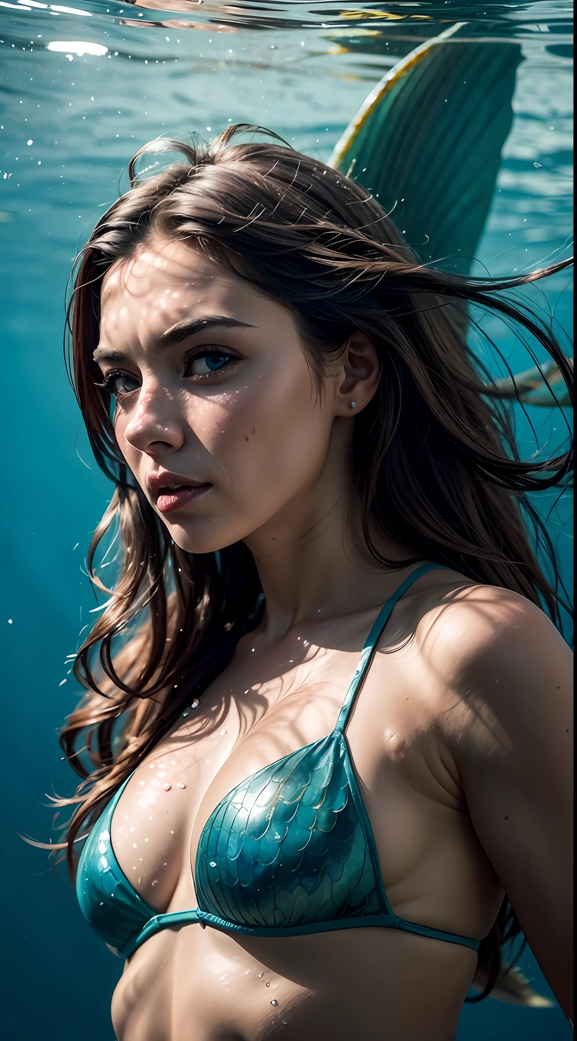 A closeup photo of a mermaid with one fin, underwater, with fish, detailed face, cinematic