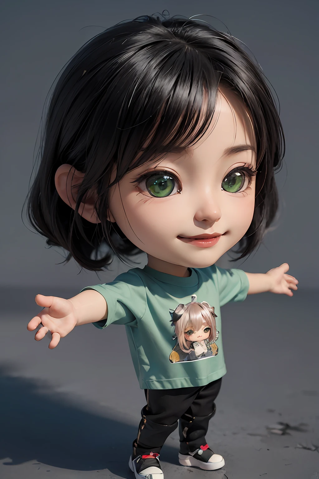巨作, Best quality, (Realistic), (Perfect face), intricate complexity, Ultra detail, 3D art, a 3D render, 8K, Simple background, Natural light, (Chibi T-Shi:1.4), 1girls, Standing, black hair, green eyes, Casual, Smile, Spread your arms,head portrait