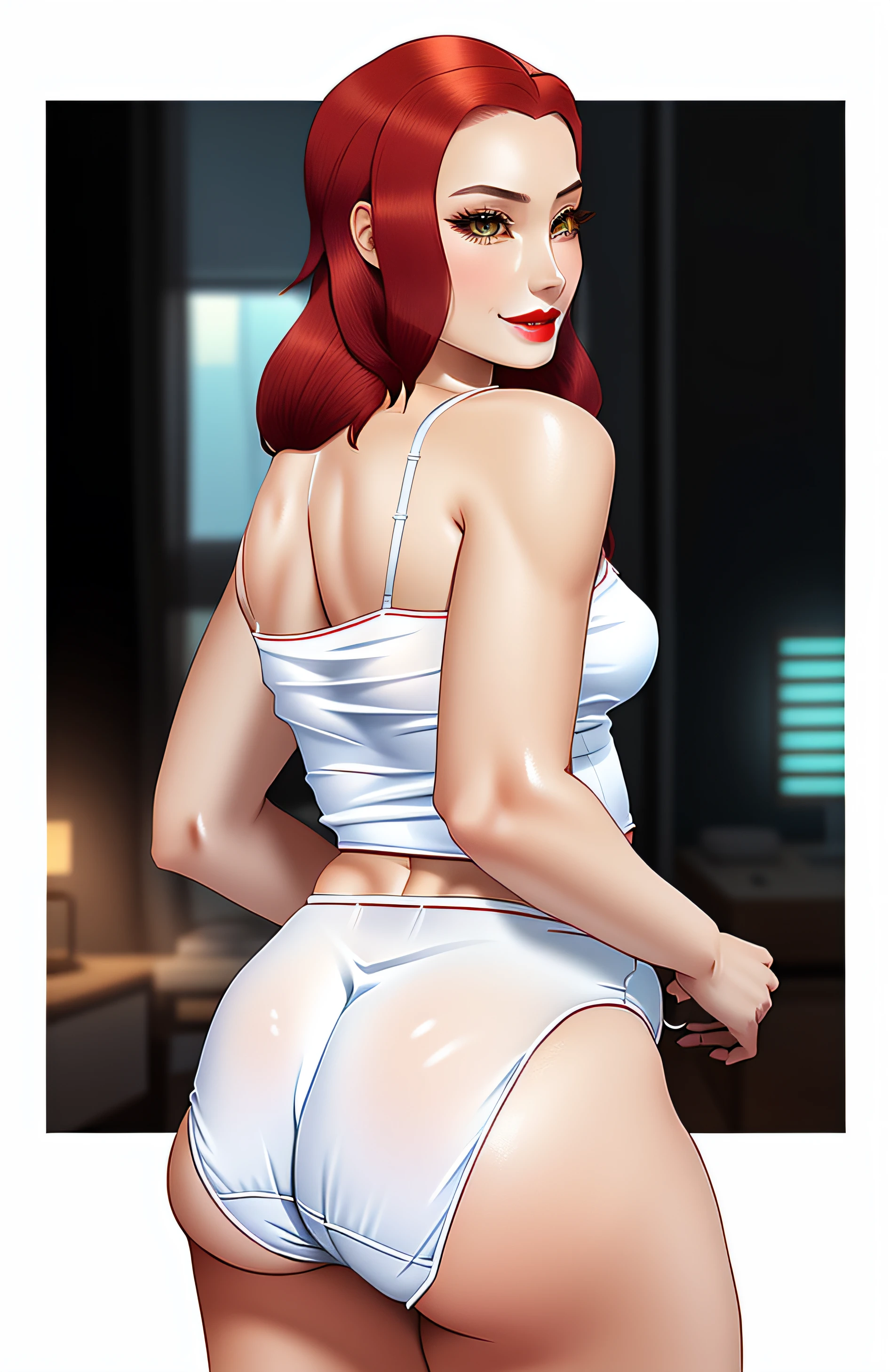 Red haired Latina, in white camisole, and big white cotton panties, big butt, back shot, wearing lipstick, smirking, anime art style, intricate details