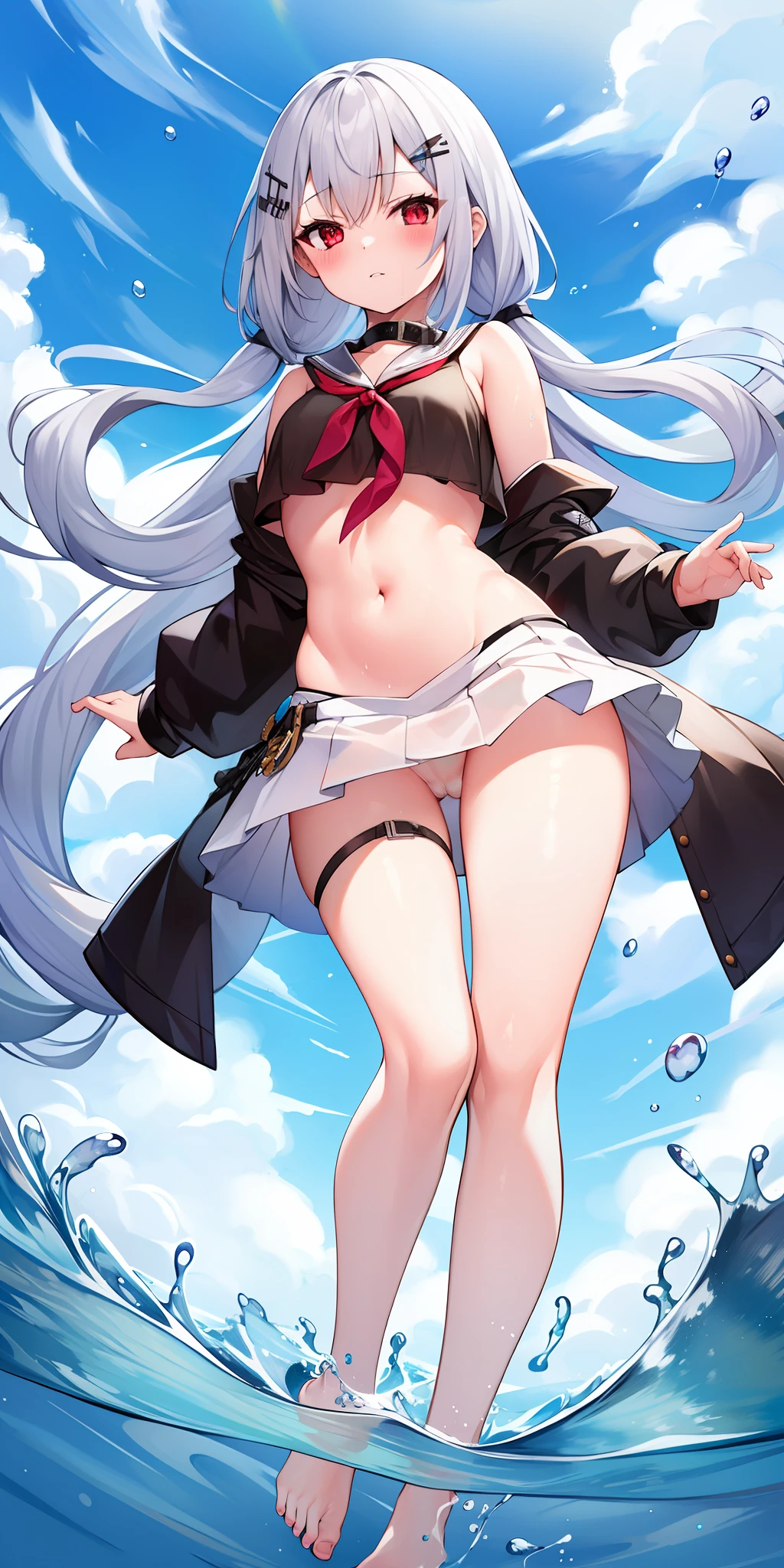 1girls,Petite,独奏,length hair,skirts,Water collar,Belly button,Zob,Black dress 7,mini-skirts,Bare feet,See-through through,neckline,Crop top,Crop top,Pleated skirt,The water,shcool uniform,Midgastric,Battle Robe,serafuku,Extra long hair,Whole human body,micro saia,Bare shoulders,Camisa blanca,Bare legs,Wide hips,clong legs,seios gigantescos,Blackwater collar,Hair bangs,stomach,Blue collar,Parting lips,Floating hair,to stand,legsupsexm, (NSFW:1.4)
