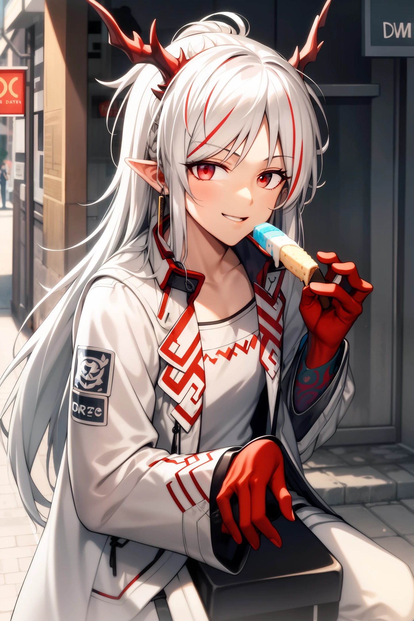 Libido boy,White hair,red eyes,Vintage clothes,eating ice cream,Old town street