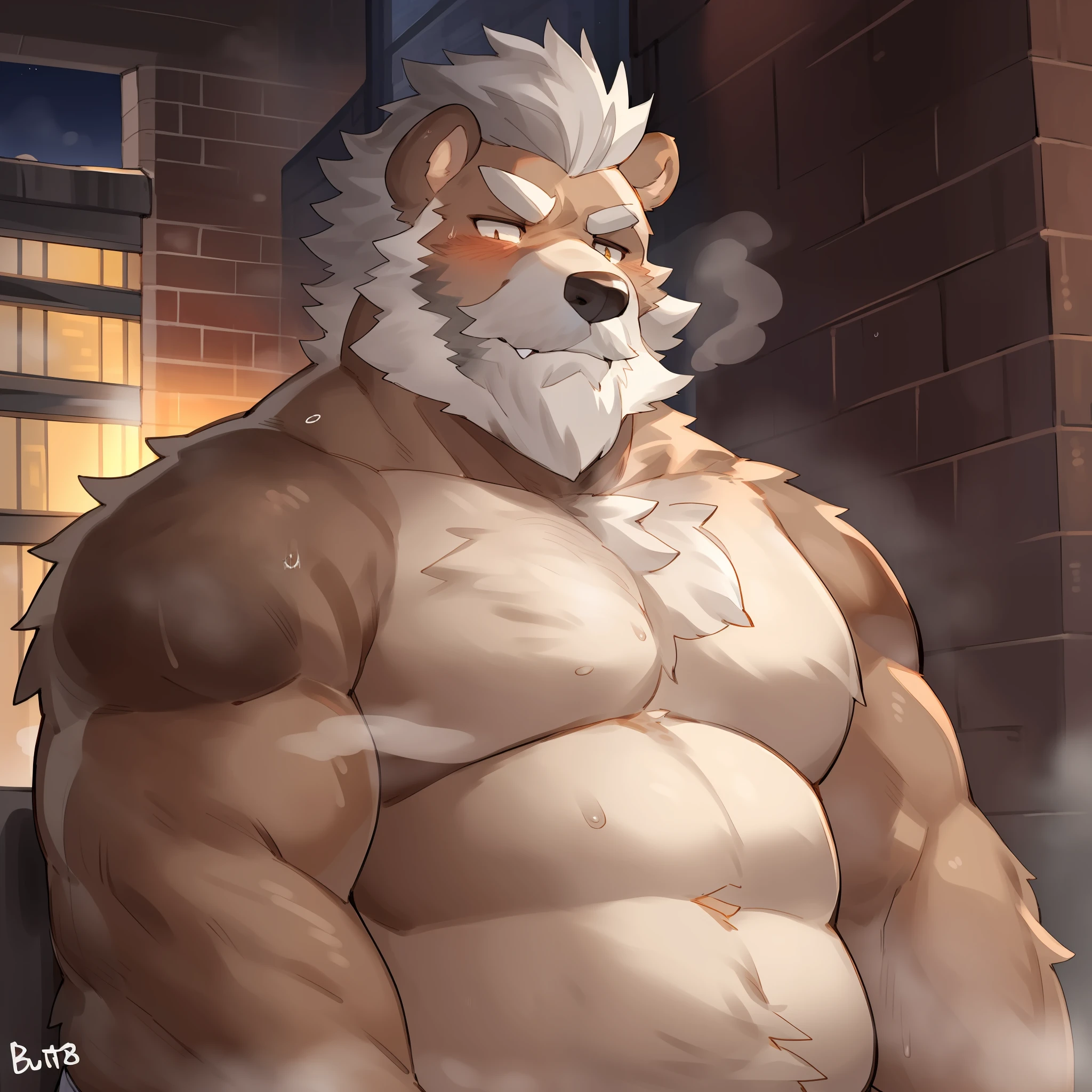 Alleyway, plants, solo, male, old, mature, overweight, grey hair, short hair, beard, mustache, hairy chest, brown fur, brown body, bear, heavy, large, big, thick, by buta99, by bebebebebe, evil expression, smirking, steam, sweat, night, sweaty, steamy