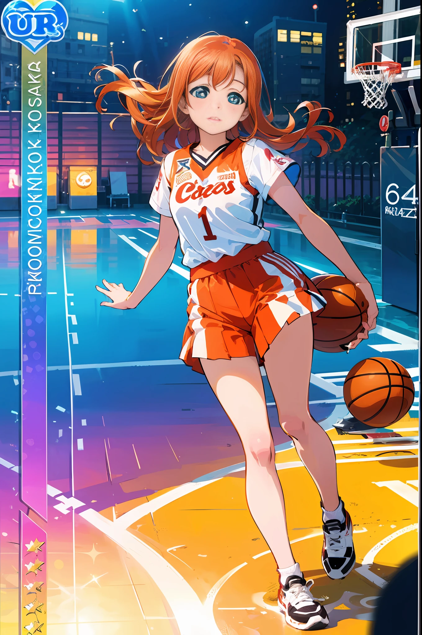 (8k, best quality, masterpiece:1.2), (realistic, photo-realistic:1.37), ultra-detailed,best quality, ultra high res, kousaka honoka, blue eyes, orange hair, lighting, photon mapping, radiosity, physically-based rendering, cinematic lighting, basketball court,depth of field, sharp focus,sunbeam, good composition,(bokeh:1.2) 1girl,solo,(full body), (closed mouth),beautiful detailed eyes, pose, narrow waist,basketball uniform, black hair,messy hair,long hair floating in wind,(ulzzang-6500:1.2)
 mix4, hiqcgbody