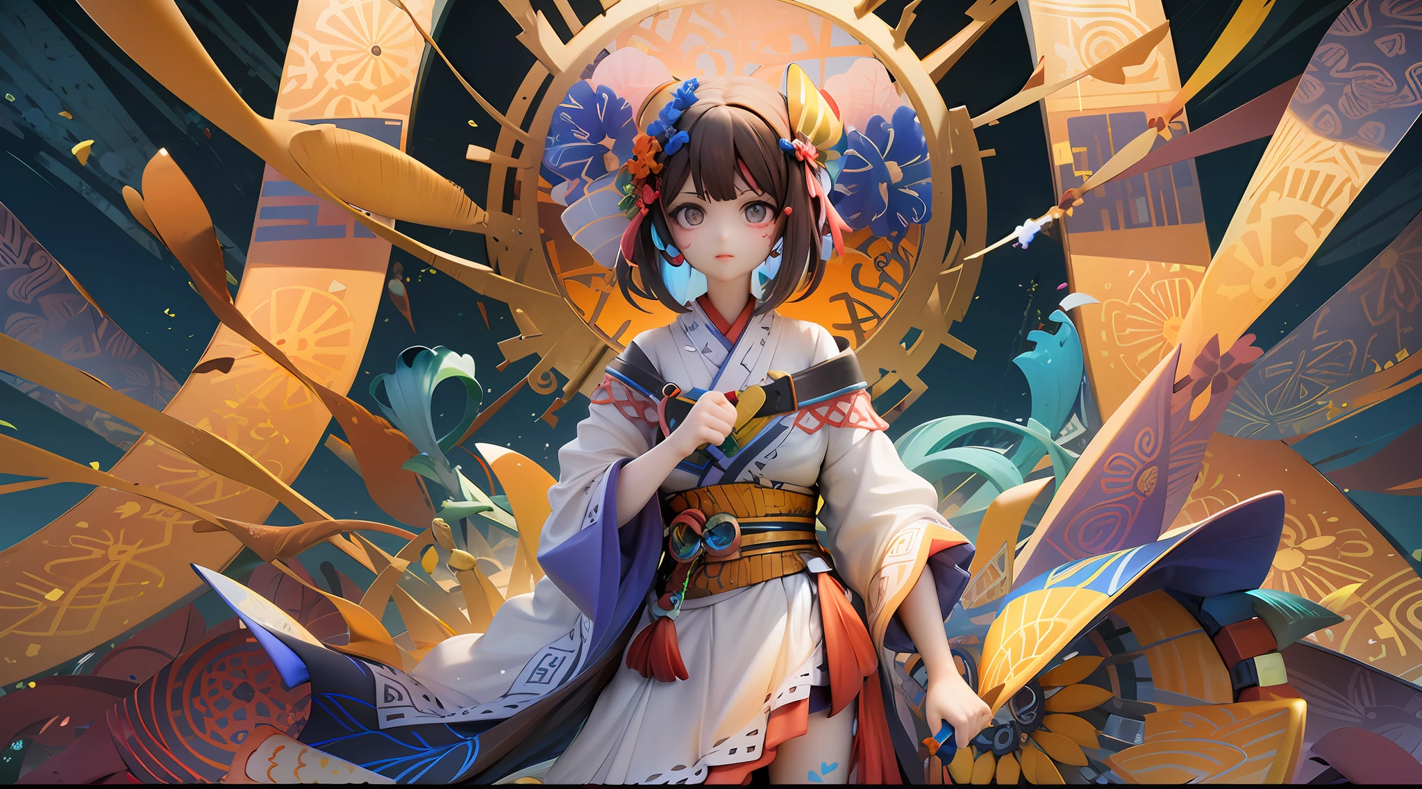 girls、Brown hair(Blue Inner Color)、short-cut、Red and blue flower hair ornament、Red Face Paint、Eyes of color、Kimono with white(Red and purple geometric pattern)Golden disk background(Purple and orange blossom pattern)、boga々Background、by night、stella々、Impressive pattern、Geometric pattern background、Fancy backgrounds