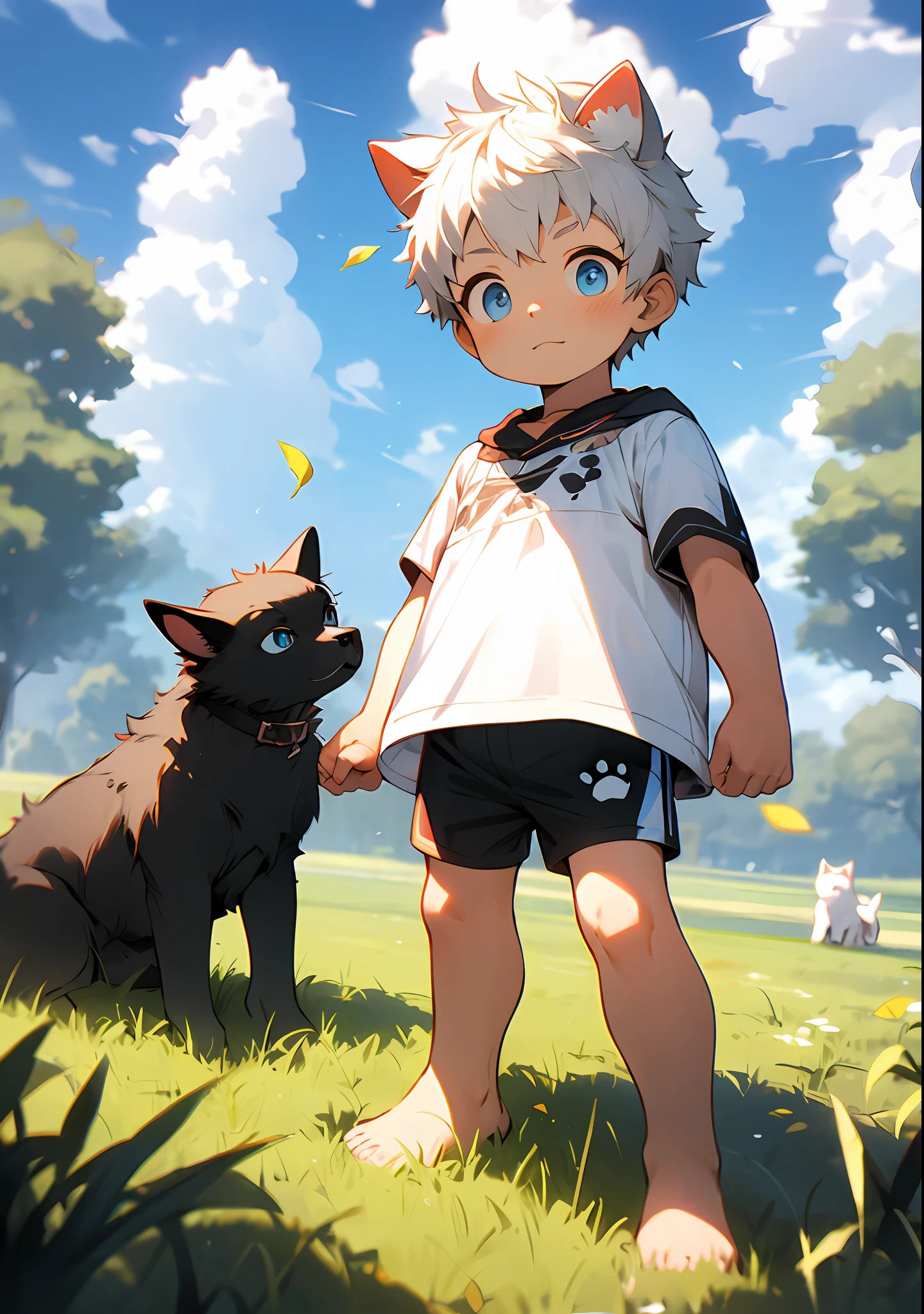 (Shota,iwhite colored hair,toddlers,Blue eyes,Slightly fat,Libido boy, cat ear,Dog tail),Cutes, to stand, Master masterpieces, high resolucion,8K,detailedbackground,highly quality,独奏,knicker,grass field,the falling leaves,concept-art
