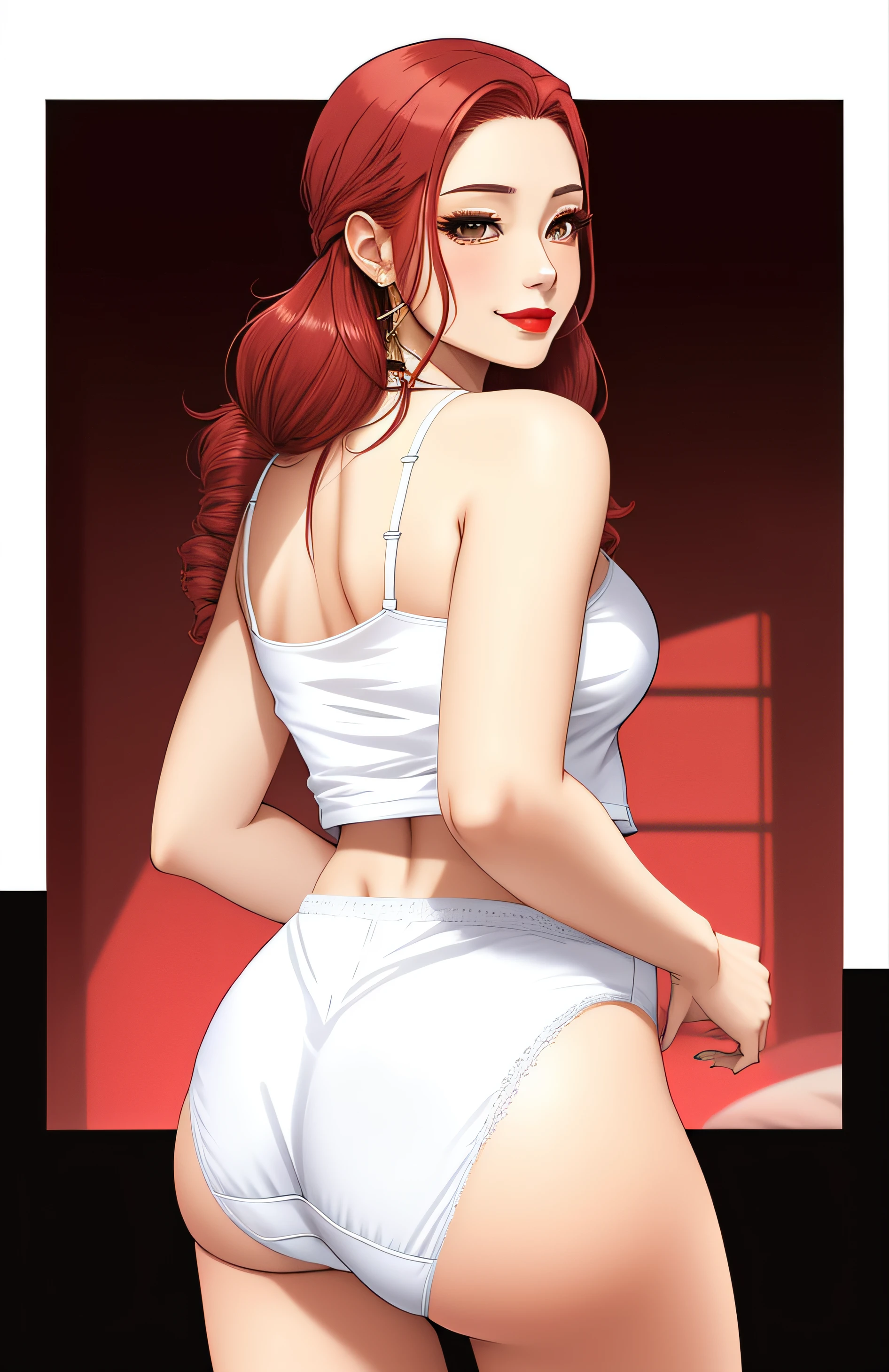 Red haired Latina, in white camisole, and big white cotton panties, big , back shot, wearing lipstick, smirking, anime art style, intricate details
