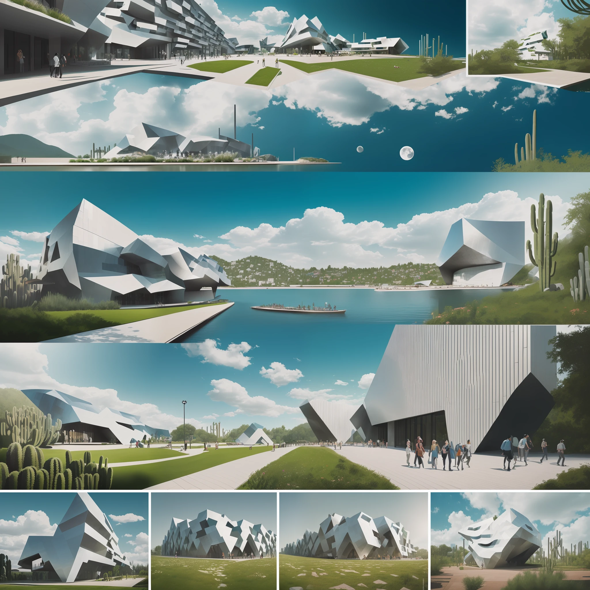 An illustration, ((collage style)), (((multiple Bjarke Ingels's style buildings))), (((Marie-Laure Cruschi's art style))), (sections), ((Desaturated colors)), Cbig boulders), ((lake)), cacti, (smooth clouds), a bridge, stairs, the moon, big buildings, abundant vegetation, bushes, (((big geometric sculptures)))