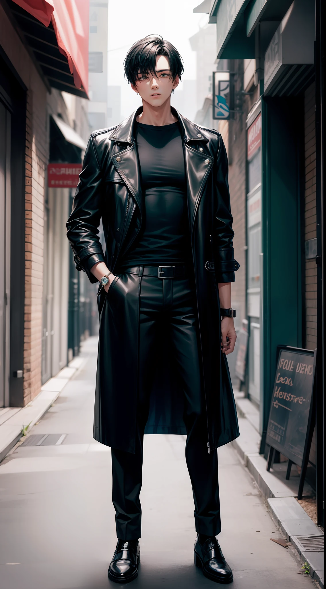 Tall guy, Short black hair, Cyan eyes, leather trenchcoat, black trousers, Black T-shirt, Masterpiece, high qulity