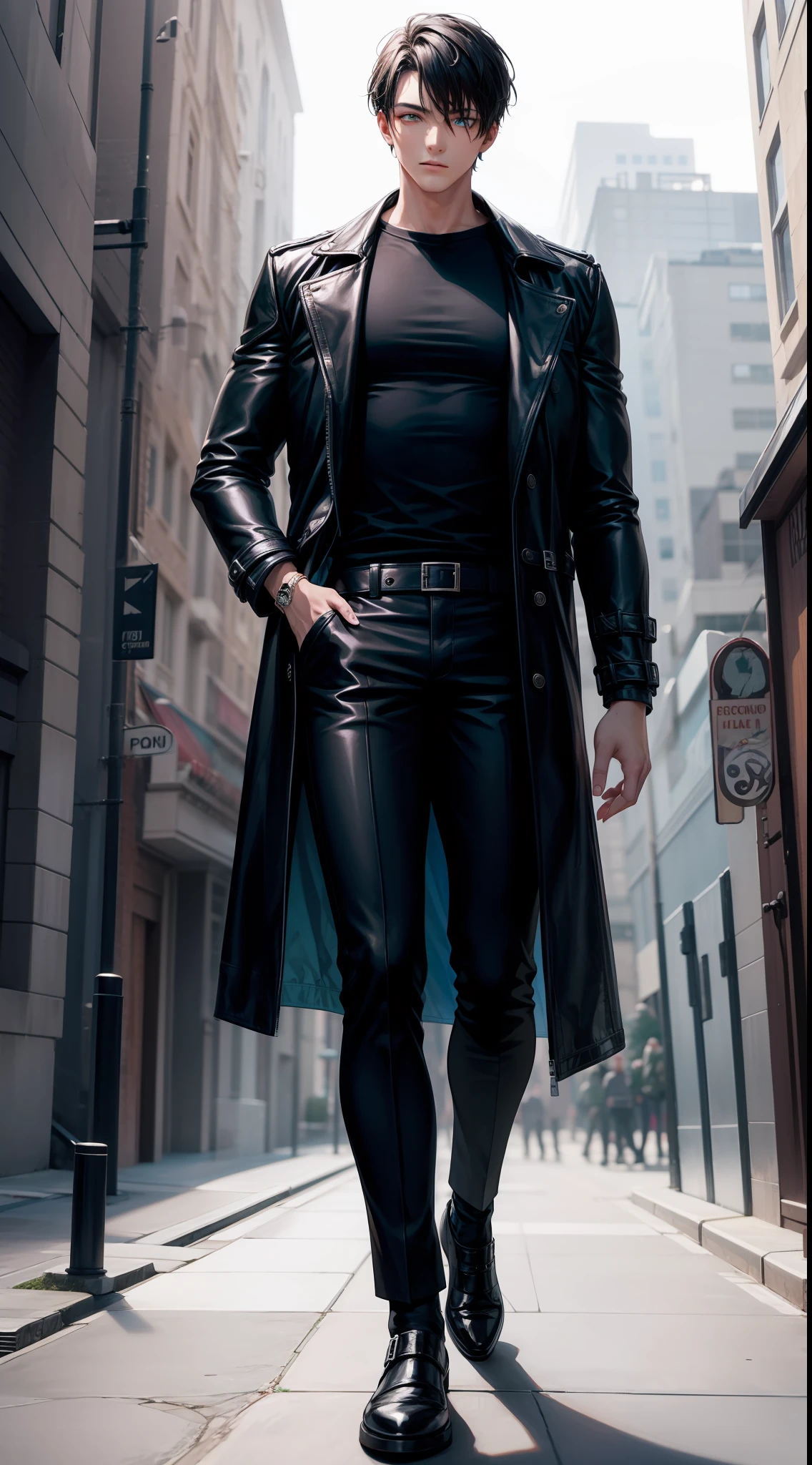 Tall guy, Short black hair, Cyan eyes, leather trenchcoat, black trousers, Black T-shirt, Masterpiece, high qulity