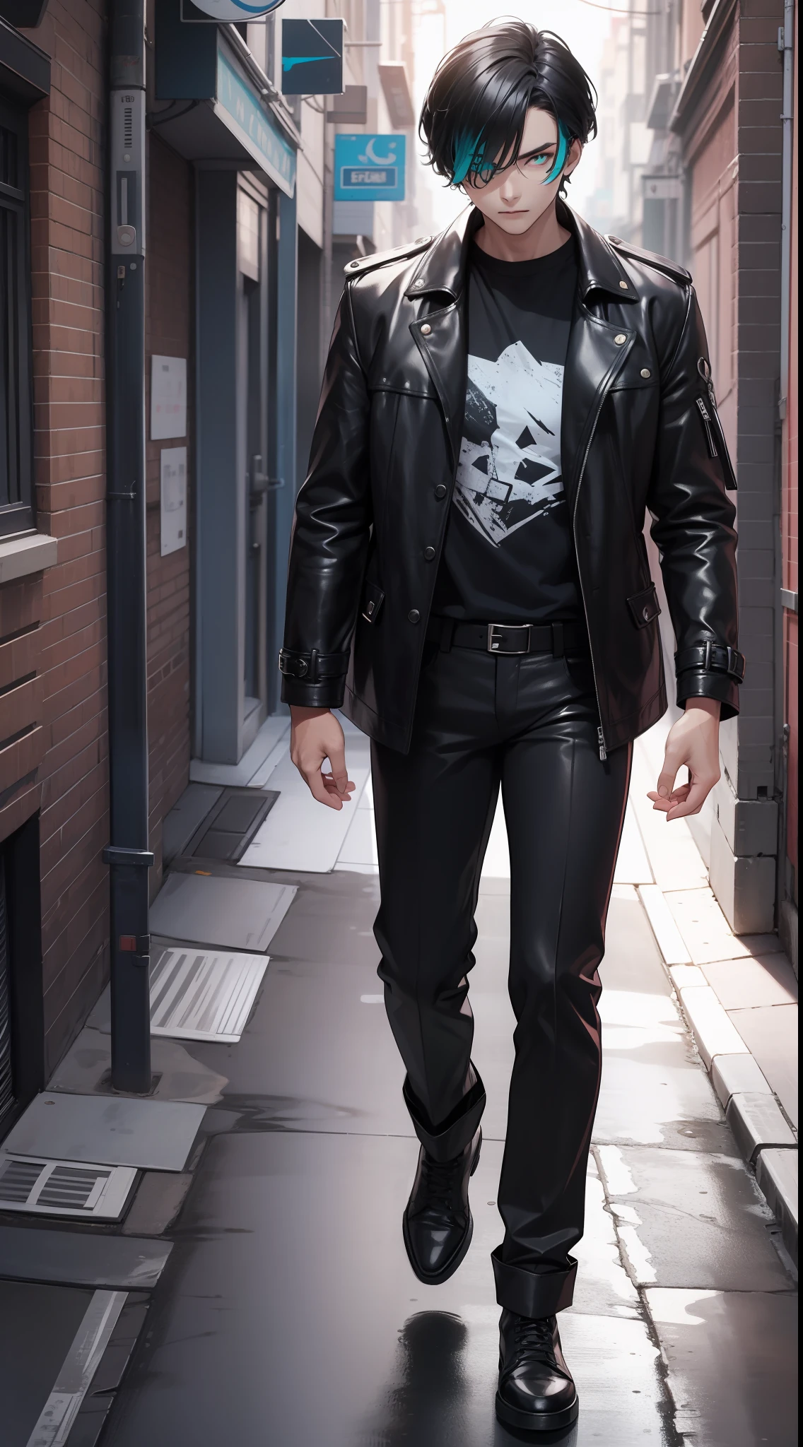 Tall guy, Short black hair, Cyan eyes, leather trenchcoat, black trousers, Black T-shirt, Masterpiece, high qulity