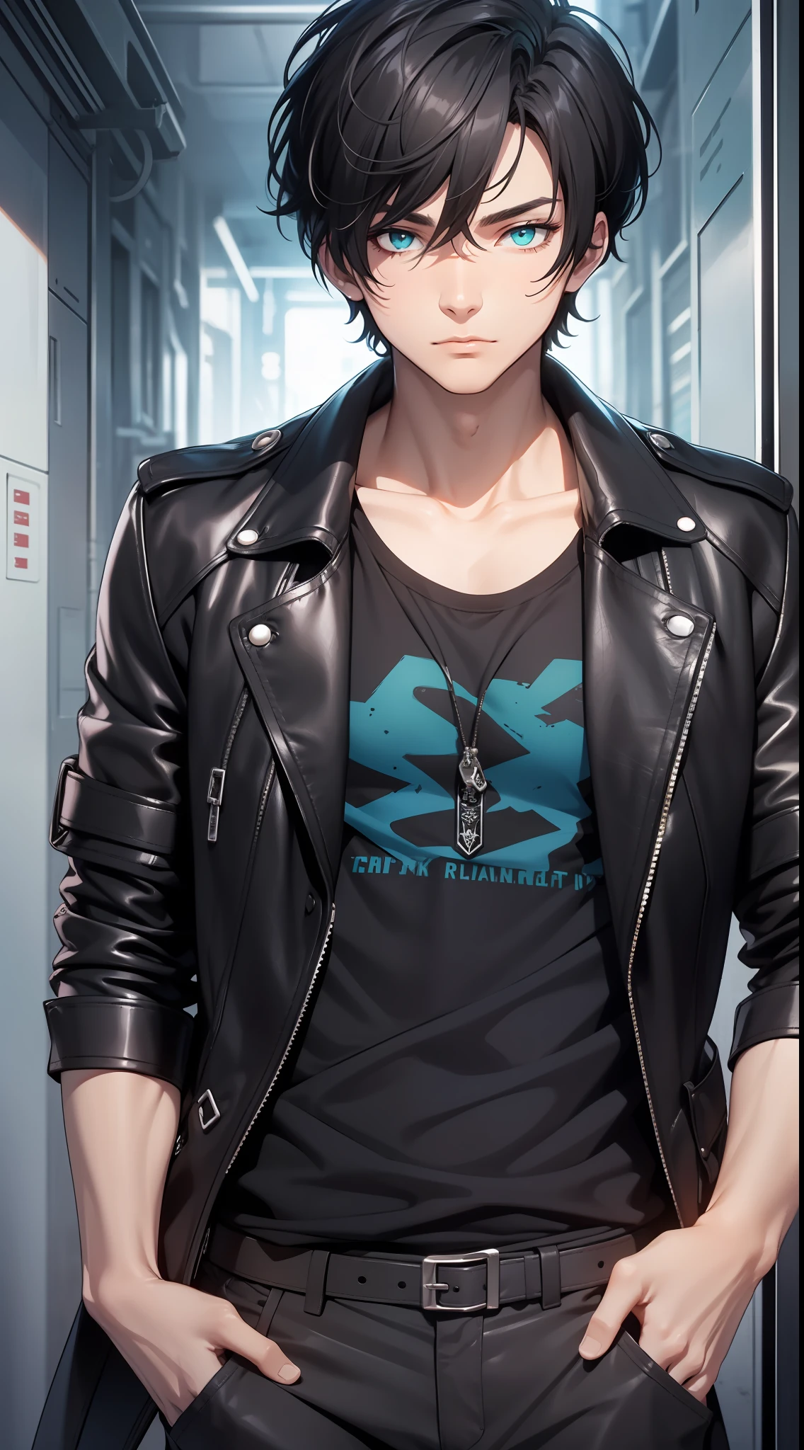 Tall guy, Short black hair, Cyan eyes, leather trenchcoat, black trousers, Black T-shirt, Masterpiece, high qulity