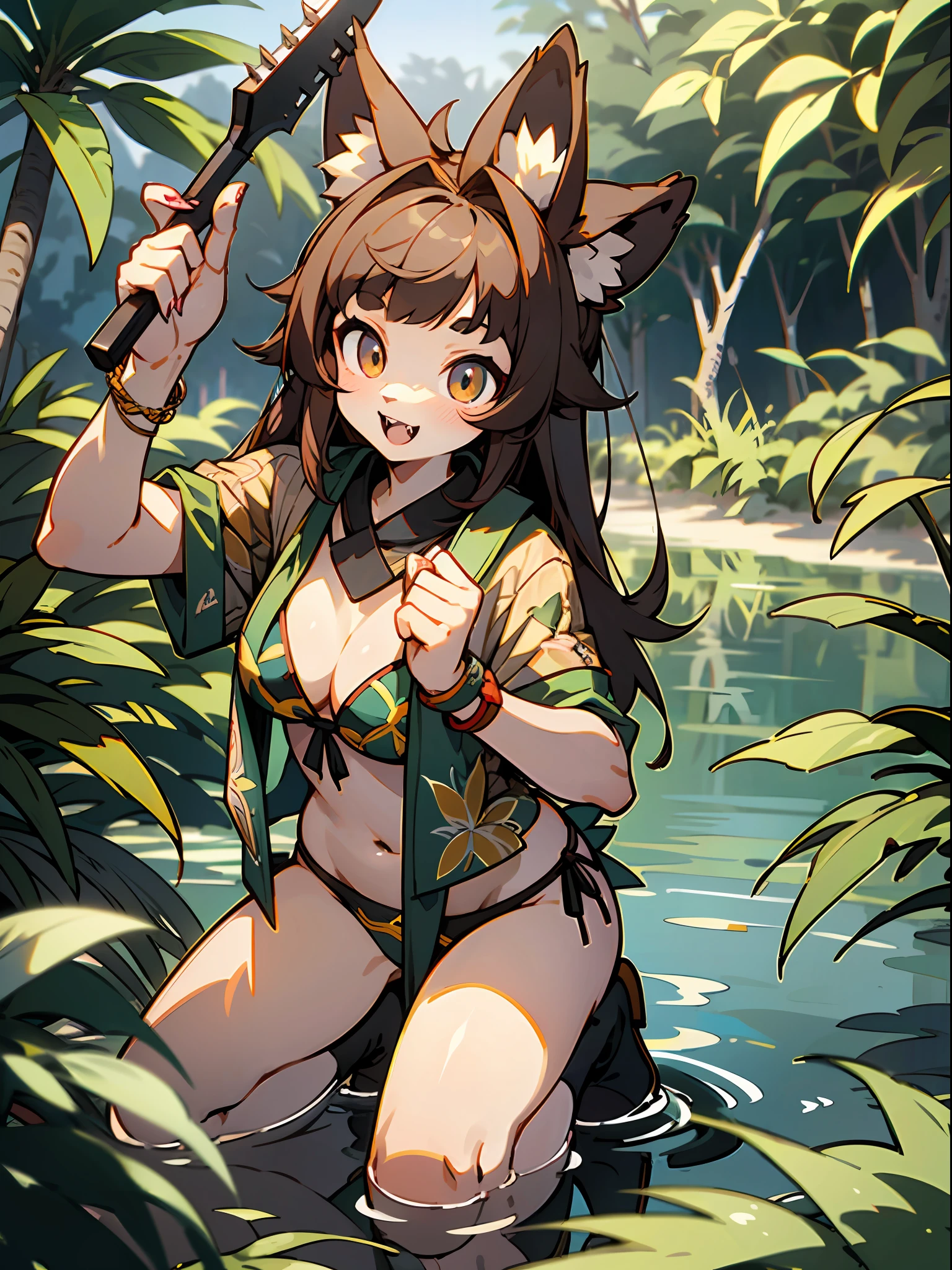 master peice,hyper quality, hyper-detail,Perfect drawing,Hi-Res、独奏、beautiful a girl、bbw、Leaf pattern bikini、Beaver ears、(Beaver's nose)、(Beaver's mouth)、((Beaver teeth))、Beaver's tail、Beaver's palm、Beaver's paws、Beaver's fingers、sharp claws、Beaver fangs、Hunter's eyes aiming for prey、Mesh for black and light brown hair、Sharp eyes、Height 170cm、MeasurementsB90W60H90、Kneeling、pow pause、jungle、((lakesides))、beatiful backgrounds、Accurate drawing、Detailed drawing、