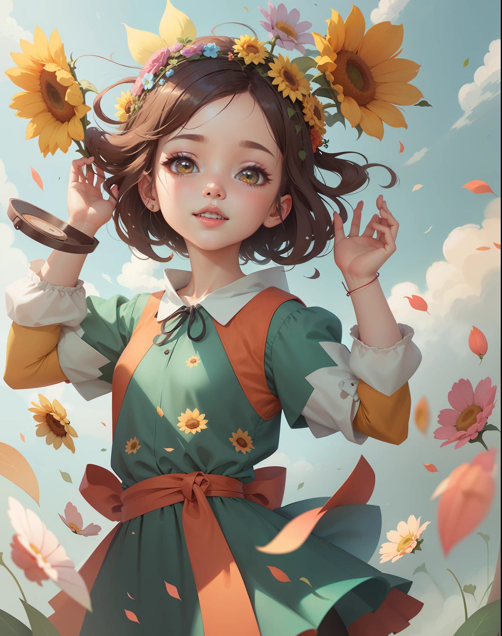 Cartoon girl in dress and flower crown eating lunch in flower field, Cute detailed digital art, cute digital painting, childrens art in artstation, beautiful sunflower anime girl, cute art style, adorable digital art, Girl in flowers, cute detailed artwork, a beautiful artwork illustration, atey ghailan 8 k, digital anime illustration, girl in a flower field, detailed fanart