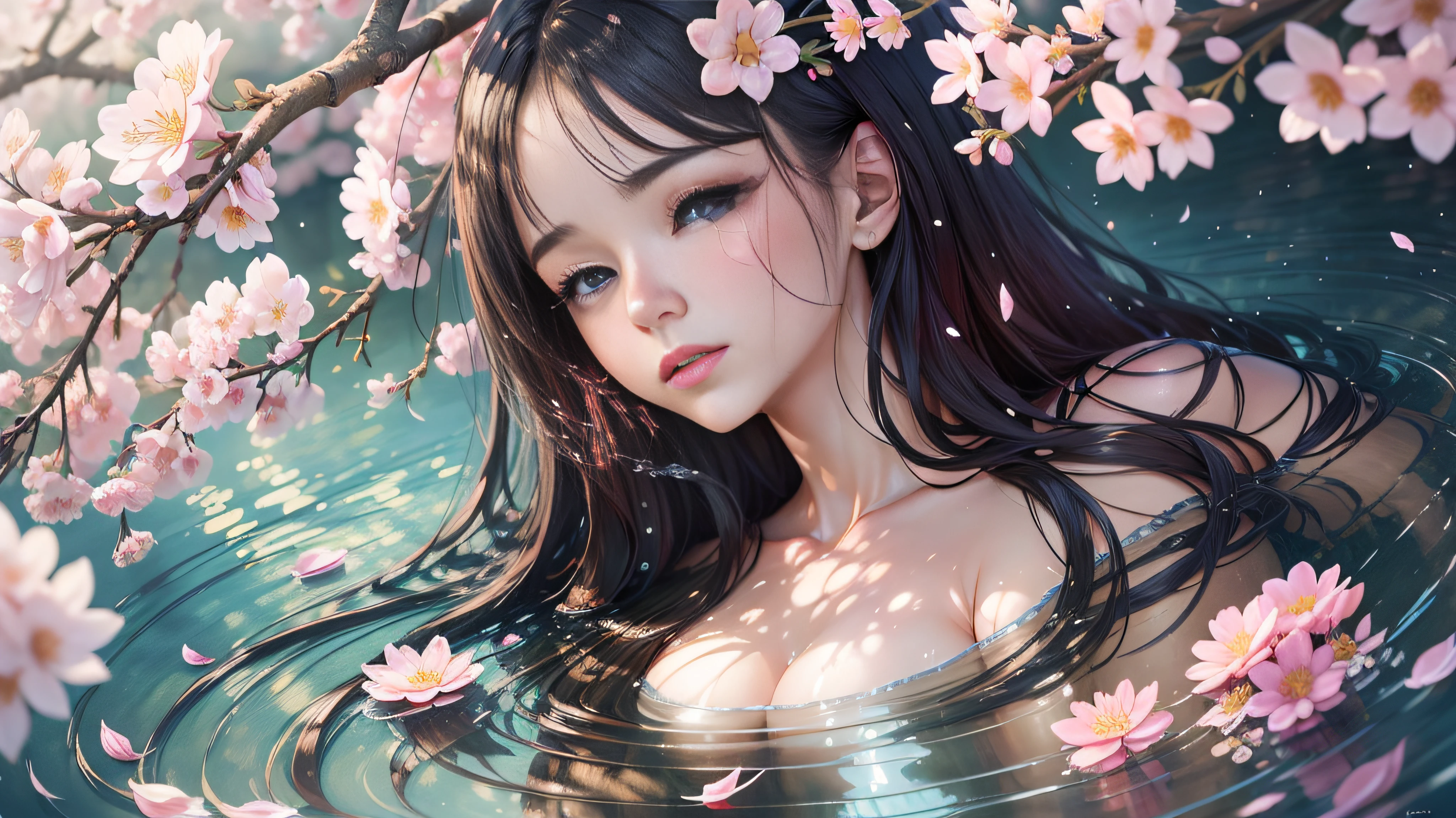 masterpiece, best quality, 1girl, outdoors, black hair, glowing, night sky, yellow eyes, looking back,, long hair, butterfly, water,