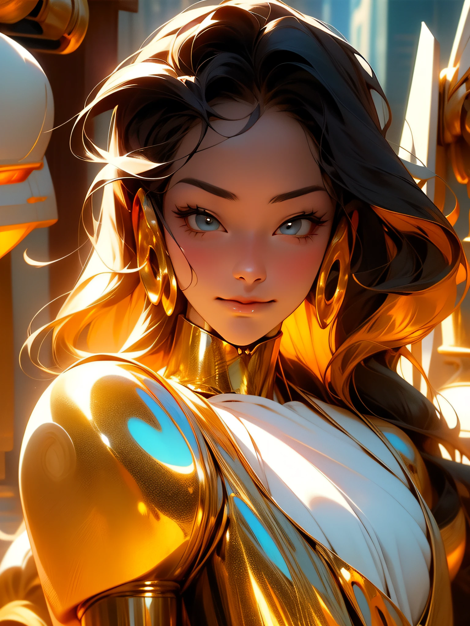 a masterpiece、, black hair, 1 girl, View Viewer, long hair, golden hair, solo, black mecha, ancient art, Chines,