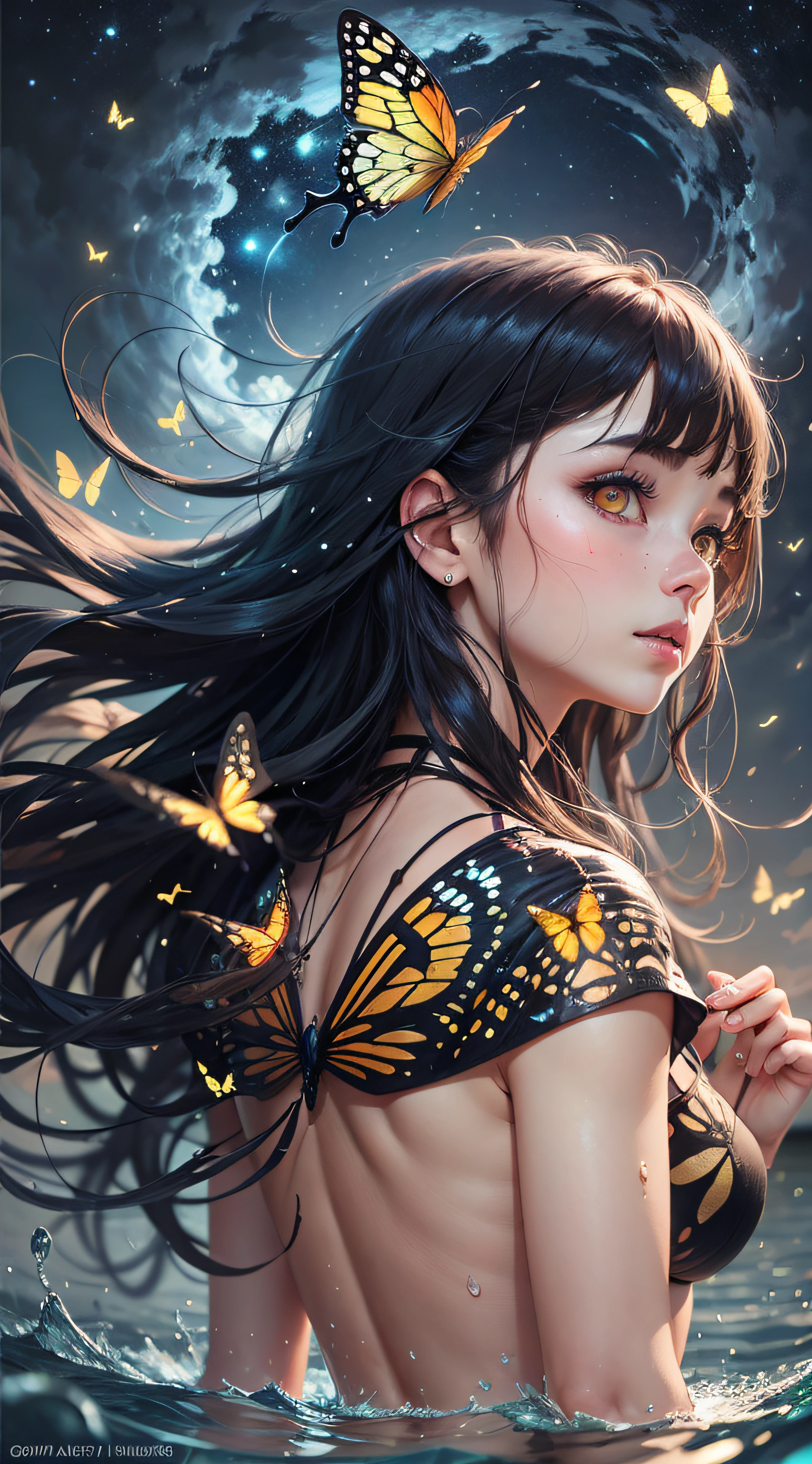 masterpiece, best quality, 1girl, , outdoors, black hair, glowing, night sky, yellow eyes, looking back, , long hair, butterfly, water,