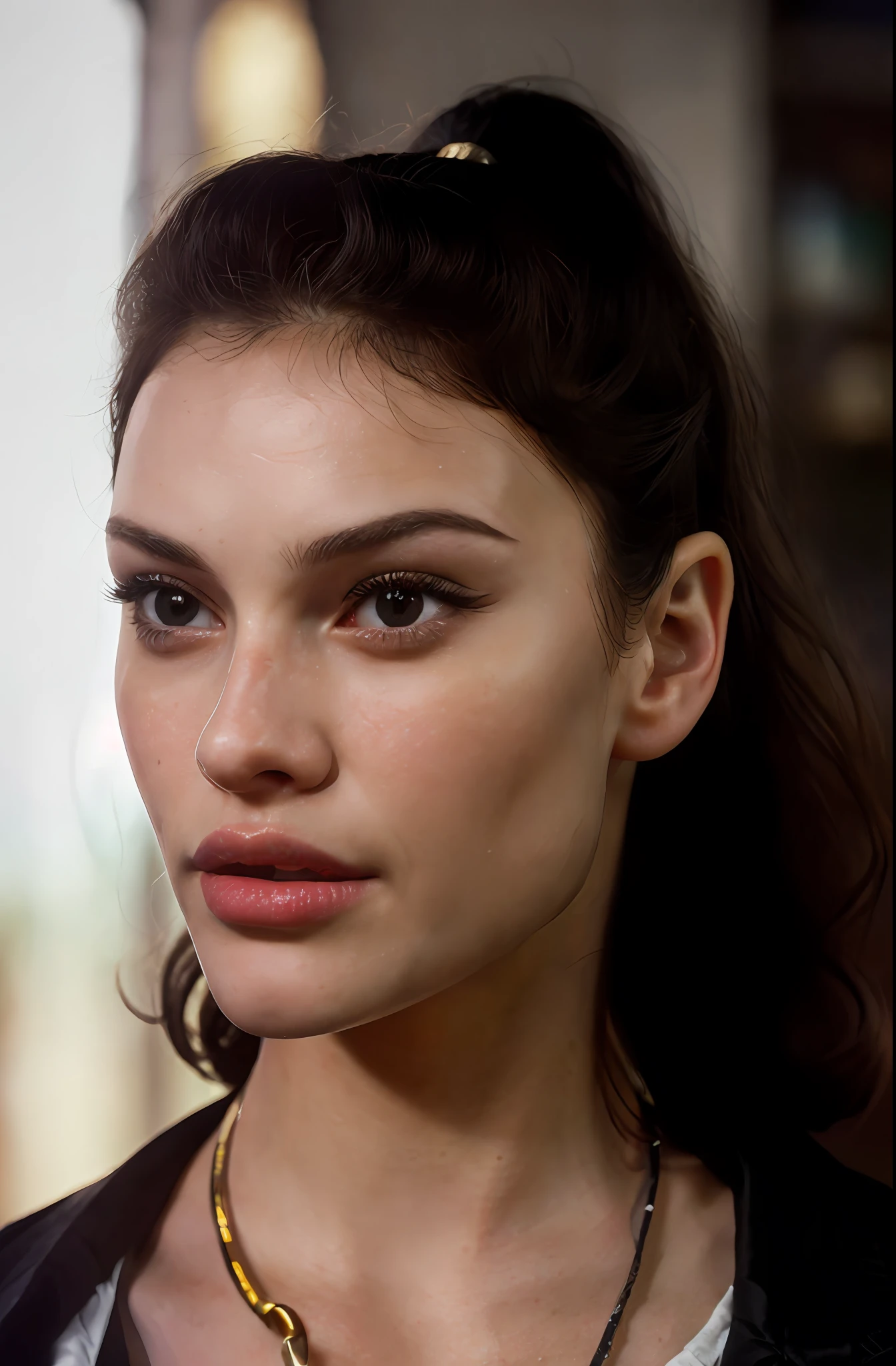 (close-up, editorial photograph of a futuristic 19-year-old woman), (highly detailed face:1.4) (smile:0.7) (background inside dark, serious, private study:1.3) POV, by lee jeffries, nikon d850, film bank photography,4 kodak portra 400, camera f1.6 lens, rich colors, hyper realistic, realistic texture, dramatic lighting, cinestill 800, traces of italian, white ethnicity, fleshy lips and angelic face,  Hyper realistic 4k, curly hair and short with smooth bangs, looking at the camera